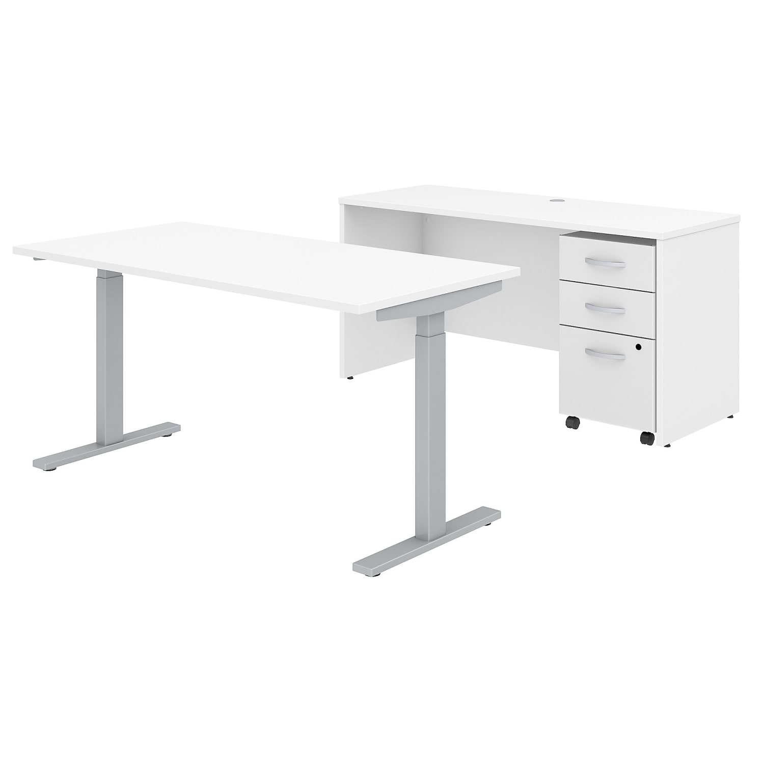 Bush Business Furniture Studio C Electric 60inW x 30inD Height Adjustable Standing Desk, Credenza and One Mobile File Cabinet, White, Standard Delivery