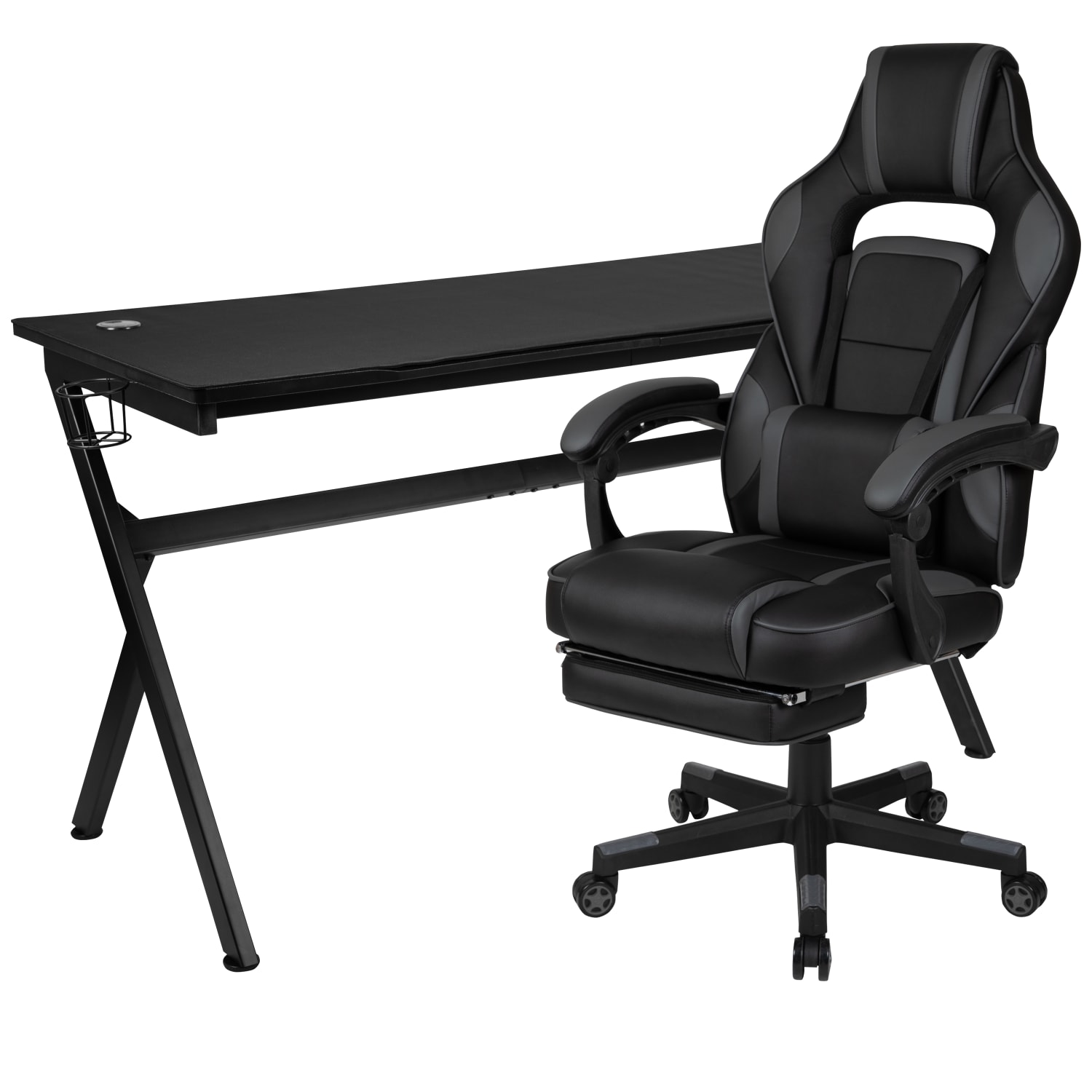 Flash Furniture Gaming Desk And Chair Set With Cup Holder, Headphone Hook, Removable Mousepad Top, Footrest & Reclining Back/Arms, Black - Image 3