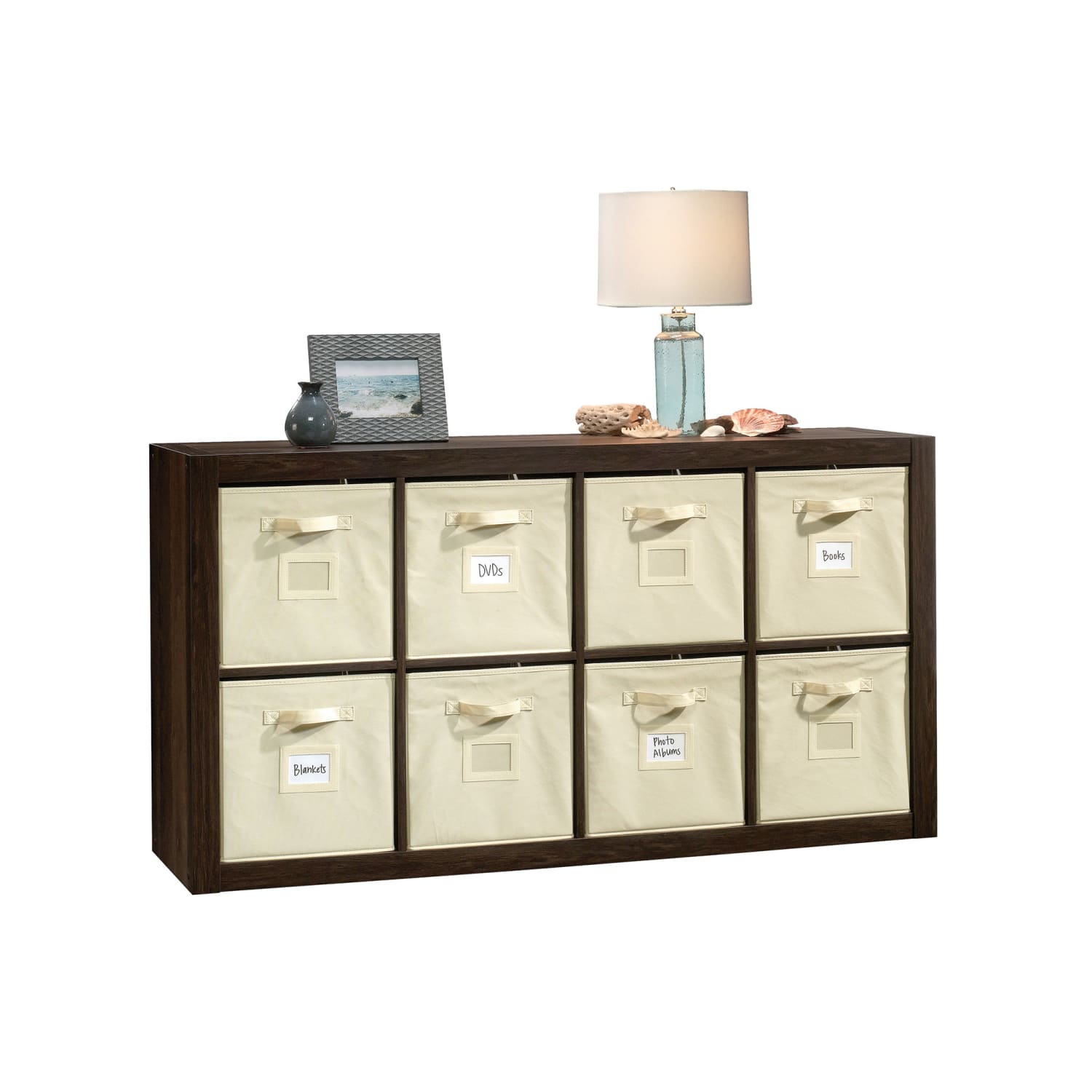 Sauder Stow-Away 8-Cube Organizer With Fabric Bins, 57-7/8inH x 30-7/8inW x 15-3/8inD, Smoked Oak - Image 4