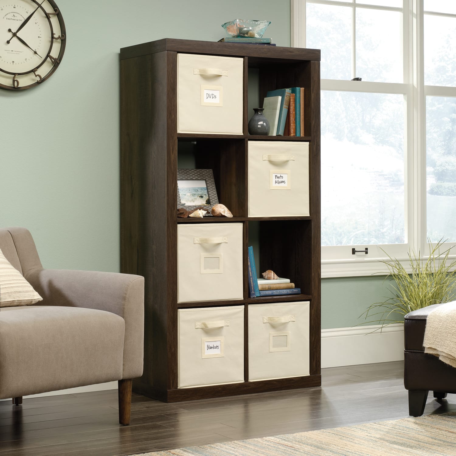 Sauder Stow-Away 8-Cube Organizer With Fabric Bins, 57-7/8inH x 30-7/8inW x 15-3/8inD, Smoked Oak - Image 5