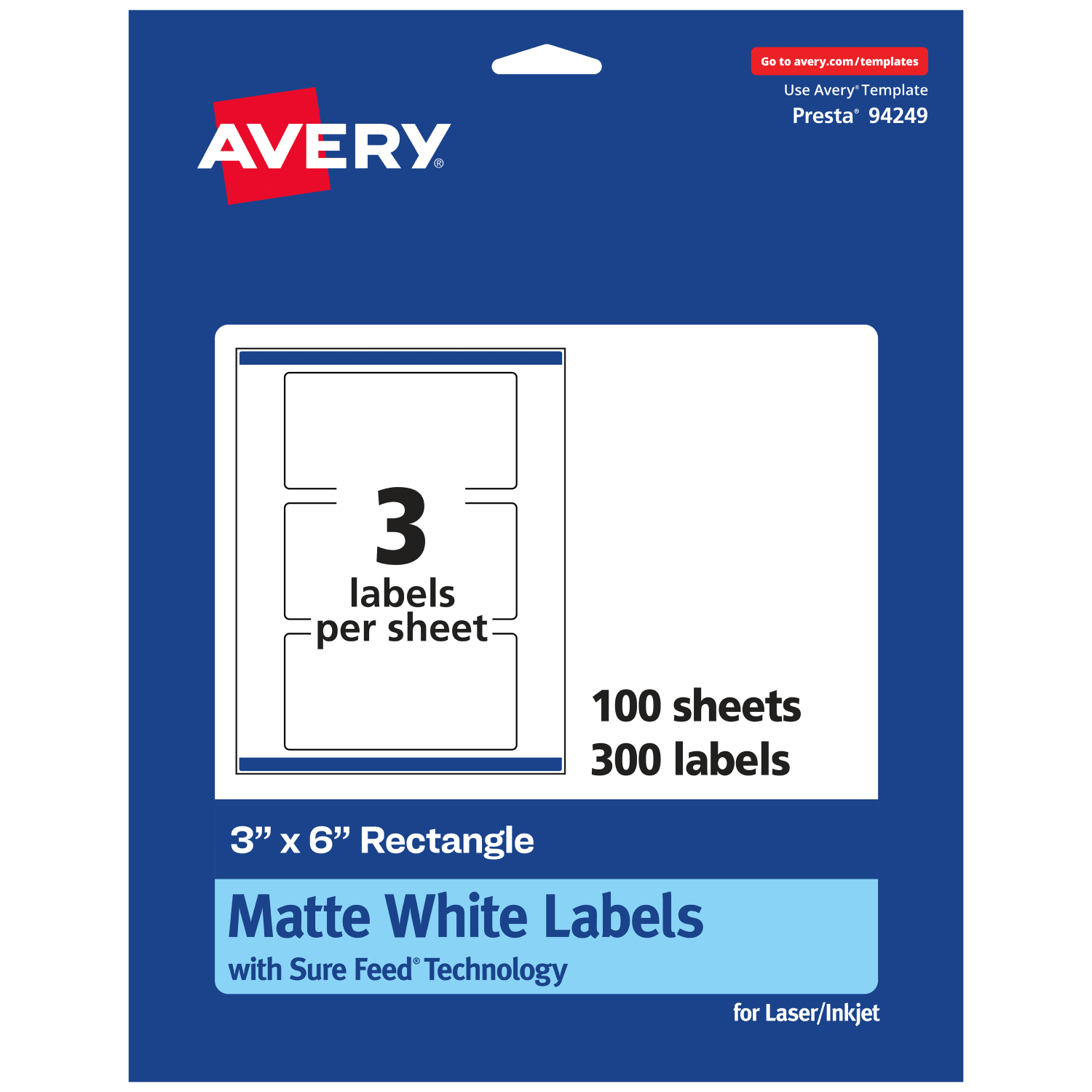 Avery Permanent Labels With Sure Feed, 94249-WMP100, Rectangle, 3in x 6in, White, Pack Of 300