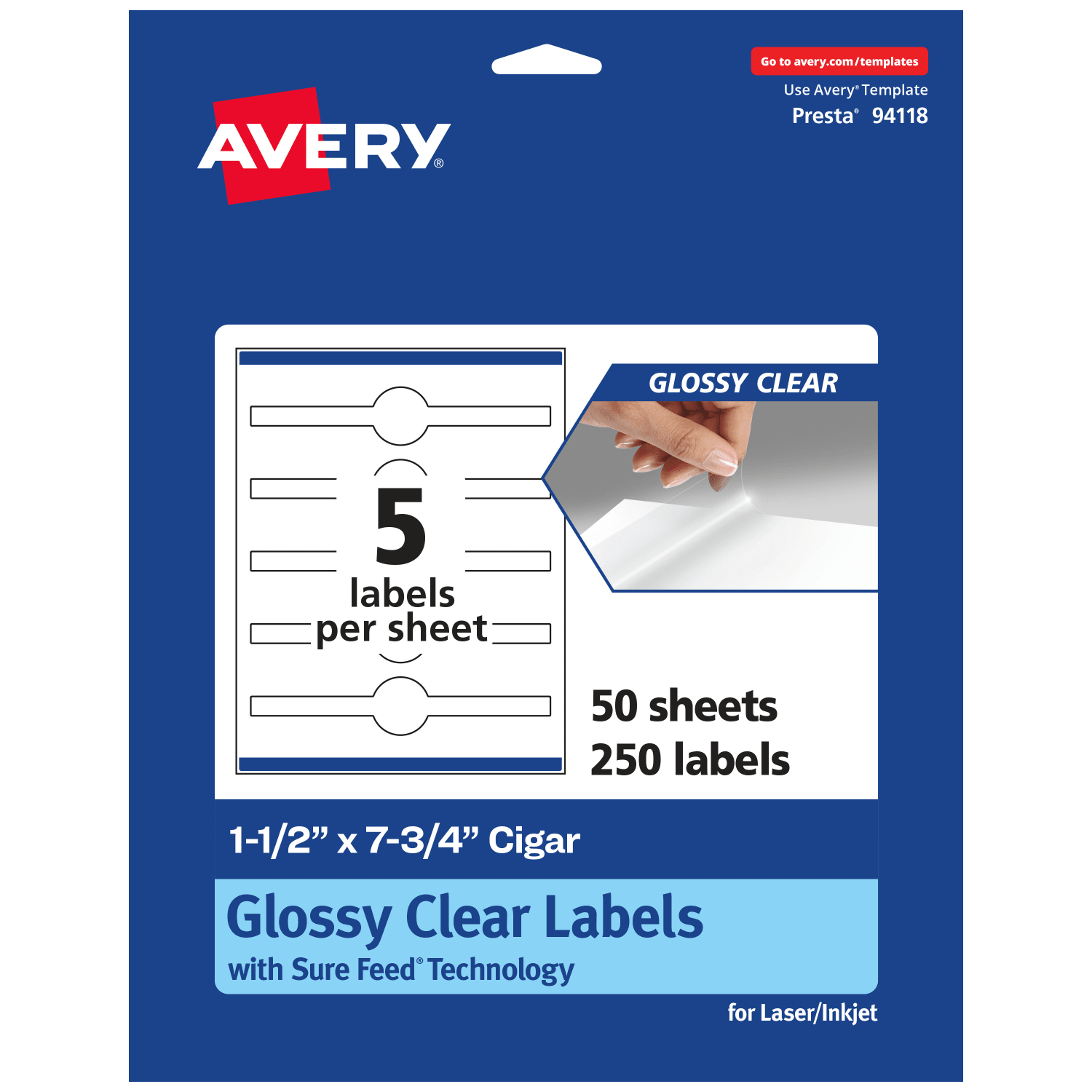 Avery Glossy Permanent Labels With Sure Feed, 94118-CGF50, Cigar, 1-1/2in x 7-3/4in, Clear, Pack Of 250
