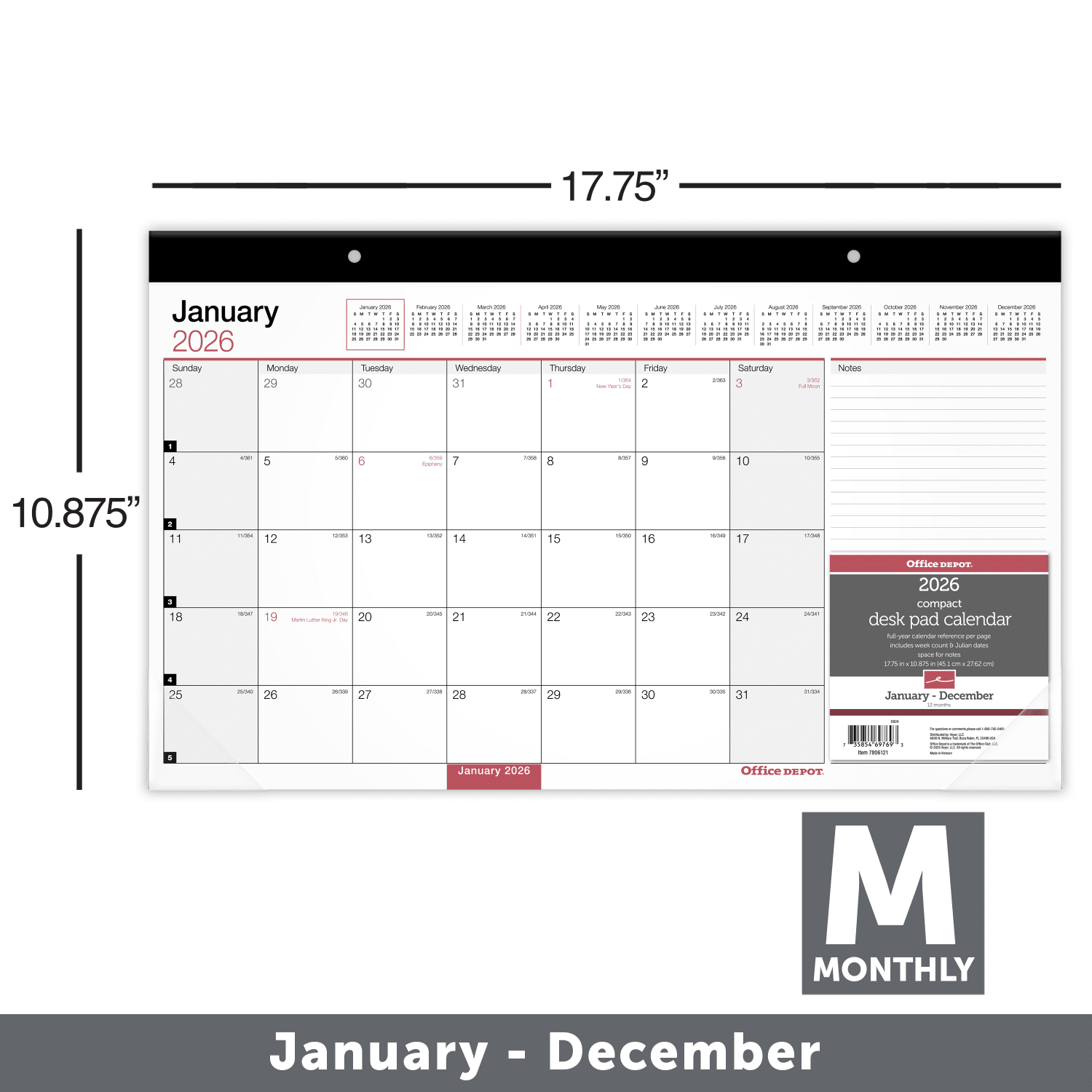 Office Depot Brand Monthly Desk Pad Calendar, 17 3/4in x 11in, White, January 2026 to December 2026, OD20100026 - Image 3