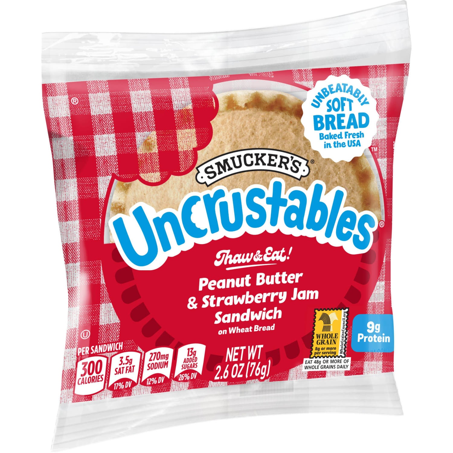 Smuckers Uncrustables Peanut Butter And Strawberry Jelly Wheat Sandwiches, 2.6 Oz, Pack Of 48 Sandwiches - Image 6