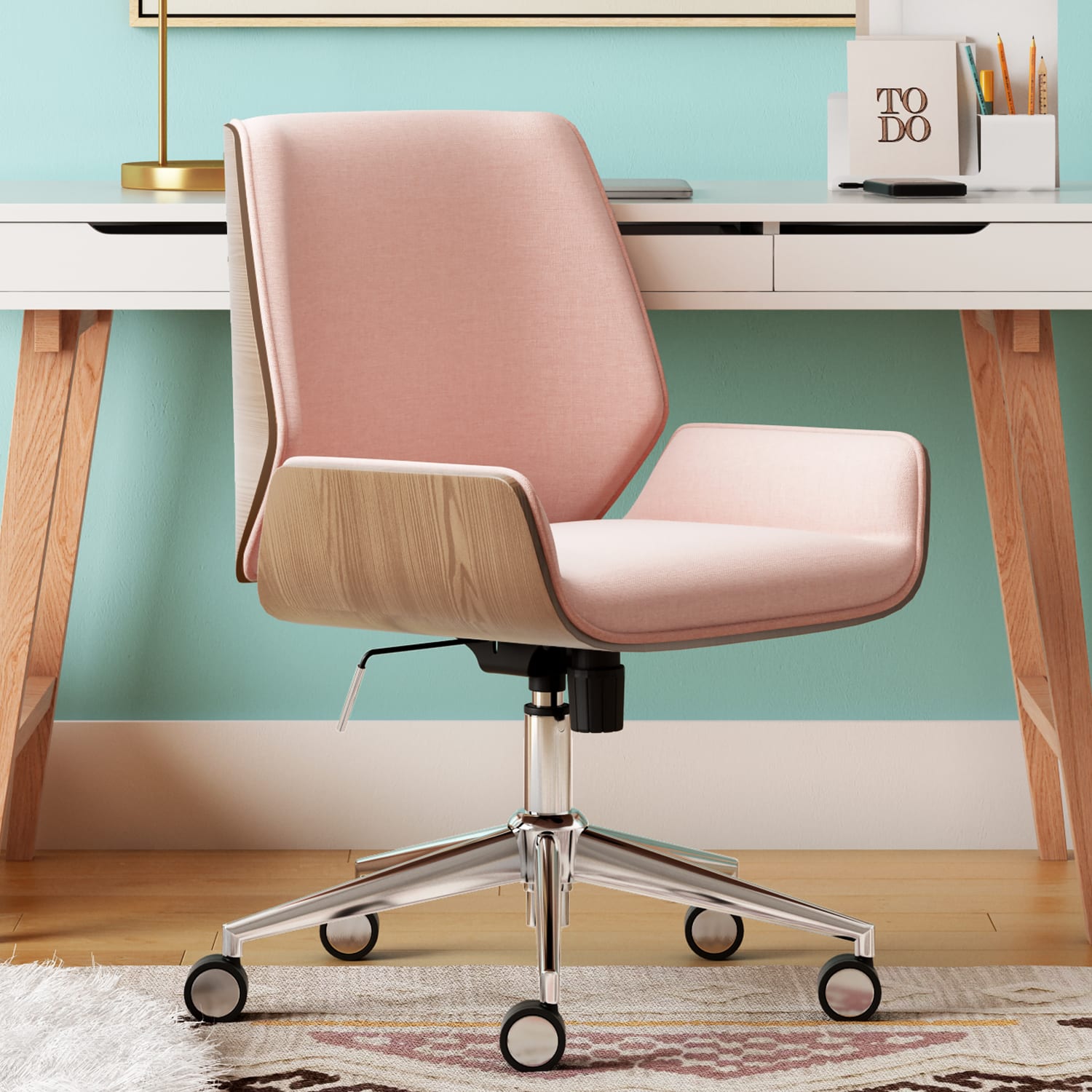 Elle Decor Ophelia Bentwood Fabric Mid-Back Task Chair, Pink/Chrome - Image 4