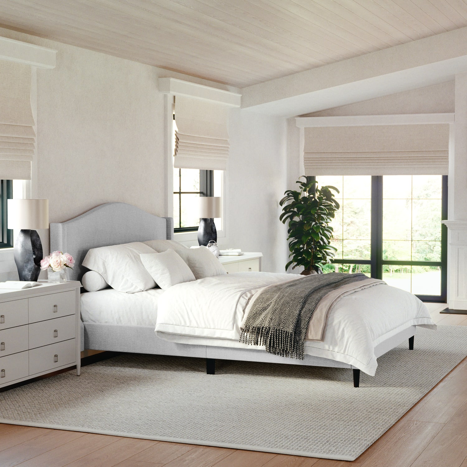 Martha Stewart Amelia Upholstered Platform Bed with Curved Headboard and Cushioned Siderails - TW3WDB02BQGY