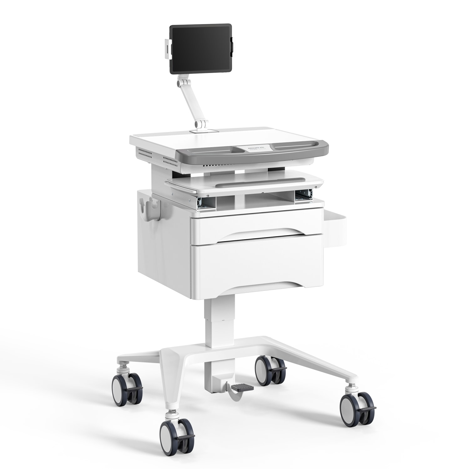 Mount-It! MedHub Mobile Medical Cart Workstation With Drawers And Tablet Arm, White/Gray - Image 3