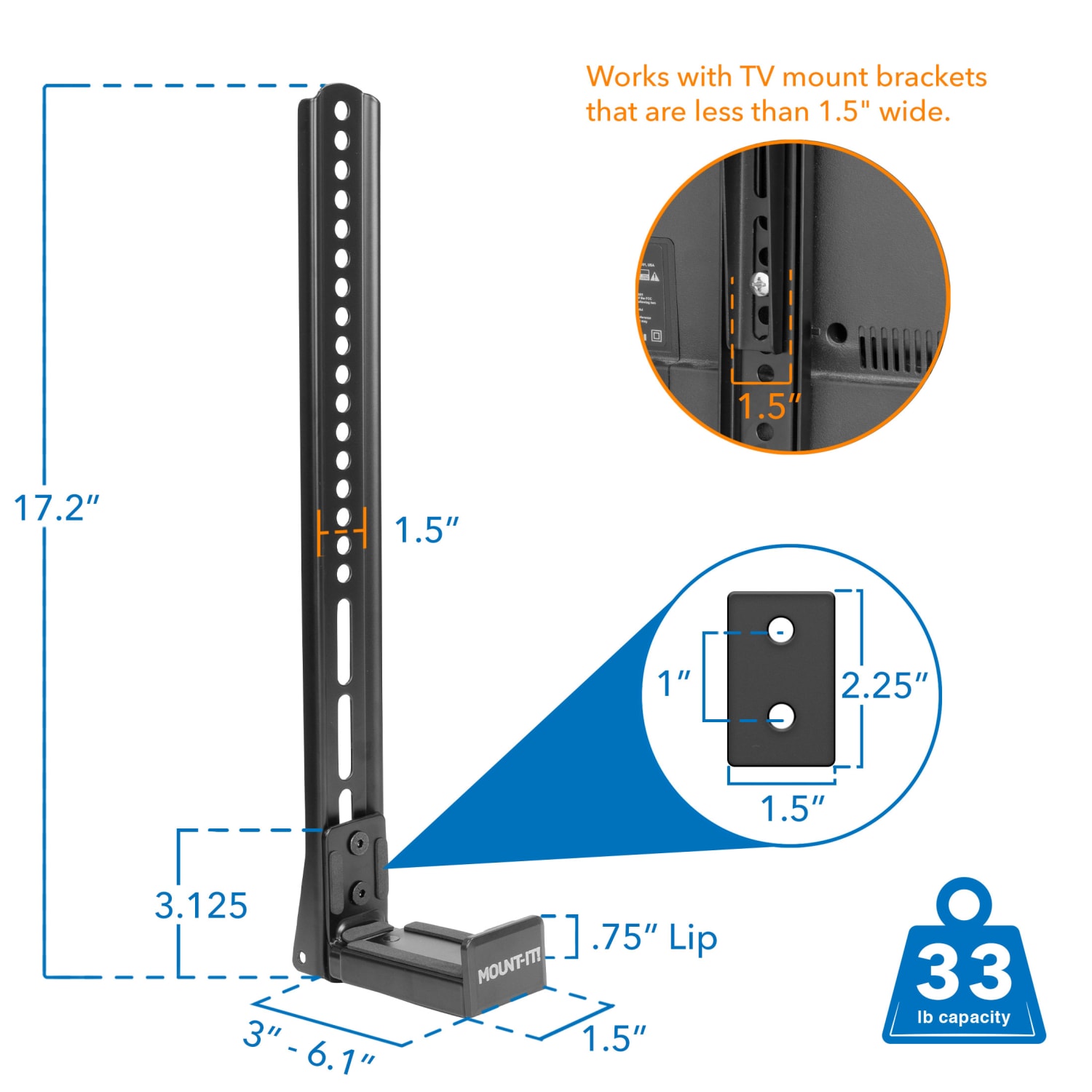 Mount-It! Universal Soundbar Mount Brackets for TV and Wall Installation, 2-1/2inH x 5-1/4inW x 17-1/2inD, Black, Set Of 2 Brackets - Image 4