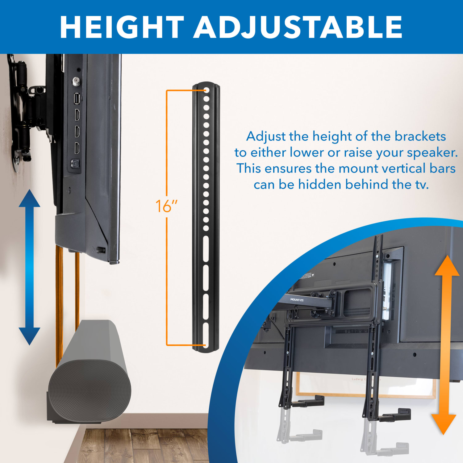 Mount-It! Universal Soundbar Mount Brackets for TV and Wall Installation, 2-1/2inH x 5-1/4inW x 17-1/2inD, Black, Set Of 2 Brackets - Image 6