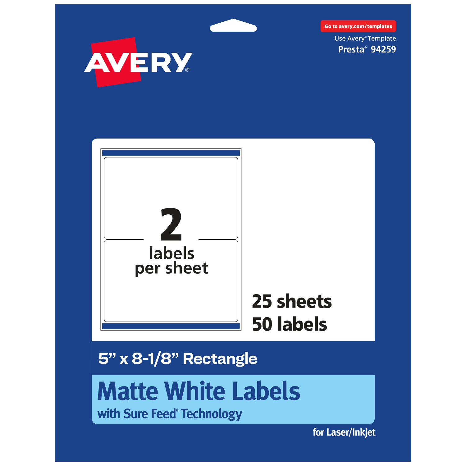 Avery Permanent Labels With Sure Feed, 94259-WMP25, Rectangle, 5in x 8-1/8in, White, Pack Of 50