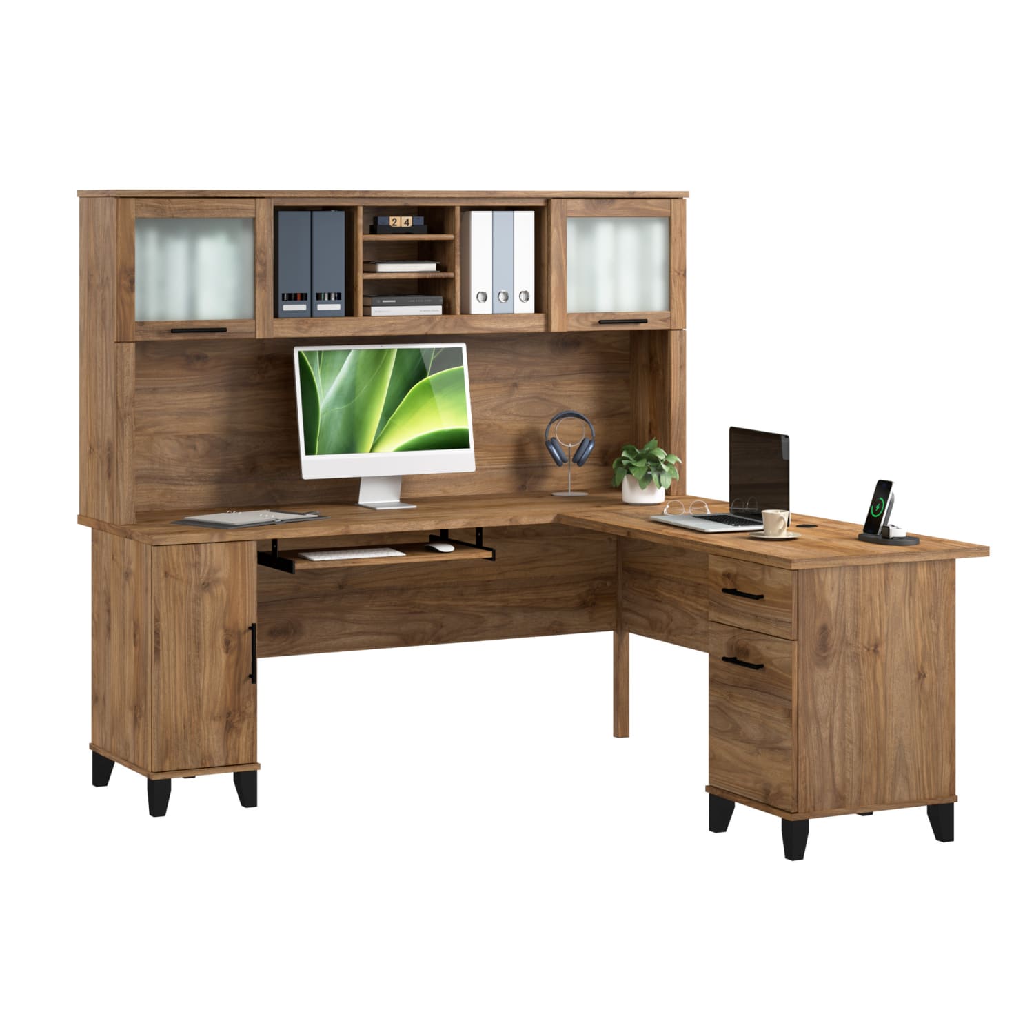 Bush Furniture Somerset 72inW L-Shaped Desk With Hutch, Fresh Walnut, Standard Delivery - Image 3