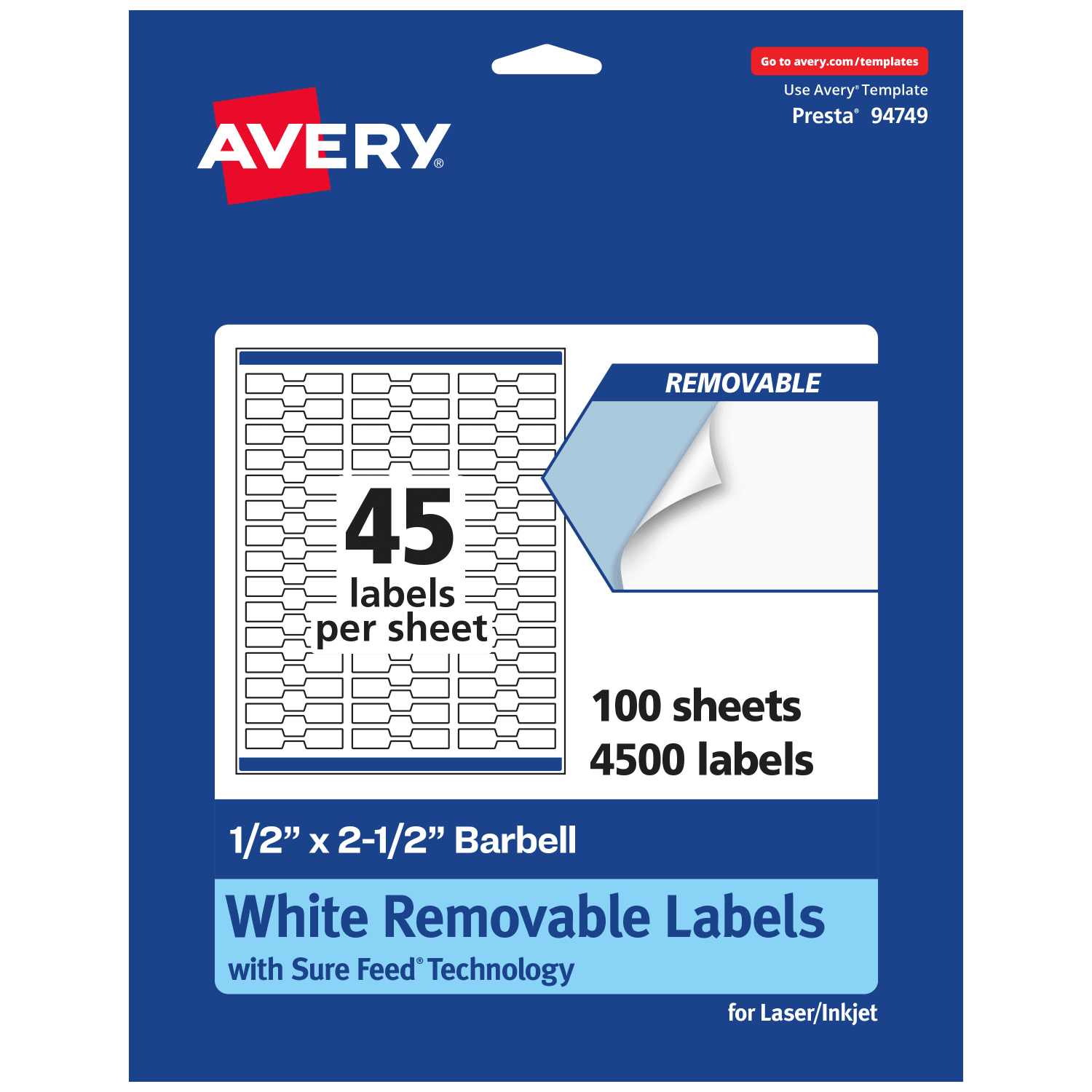 Avery Removable Labels With Sure Feed, 94749-RMP100, Barbell, 1/2in x 2-1/2in, White, Pack Of 4,500 Labels