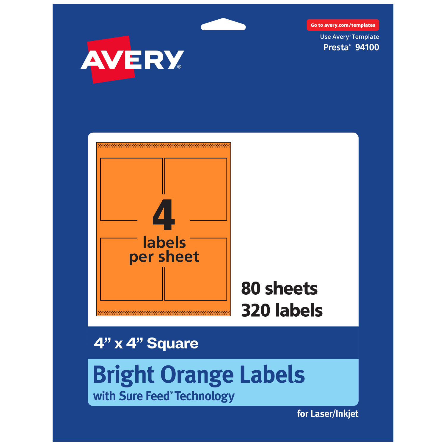 Avery Printable Labels With Sure Feed Technology, 94100-BOP80, Square, 4in x 4in, Matte Bright Orange, Pack of 320