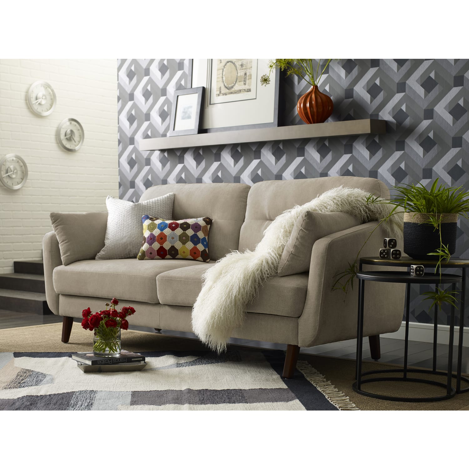 Elle Decor Chloe Mid-Century Modern Sofa, Beige/Chestnut