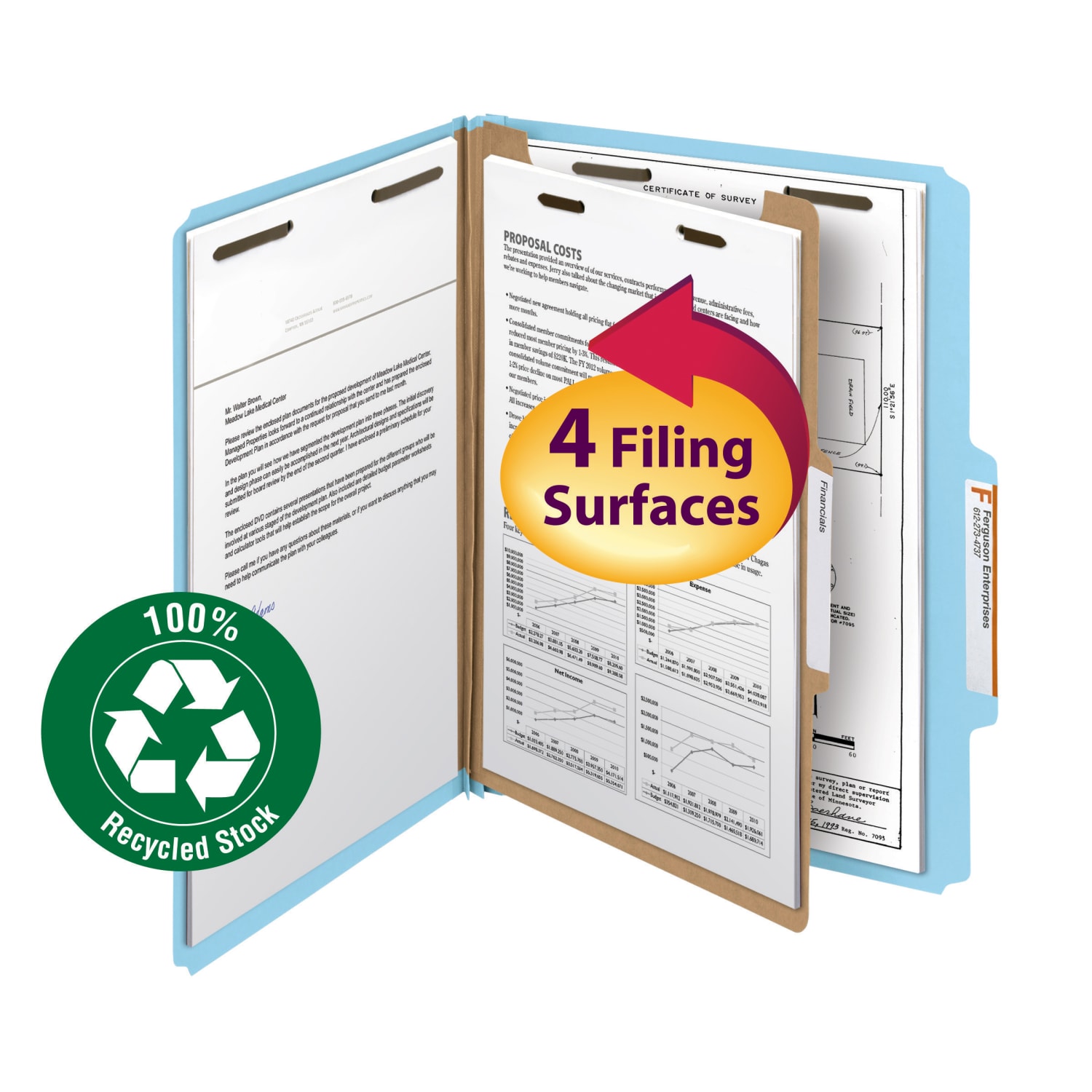 Smead Pressboard Classification Folders, 1 Divider, Letter Size, 100% Recycled, Blue, Box Of 10 - Image 3