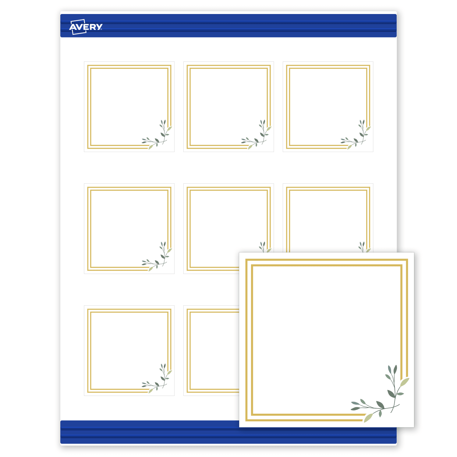 Avery Printable Cards With Sure Feed Technology, 2-1/2in x 2-1/2in, Matte White With Gold Double Border Floral Design, Pack Of 90 - Image 3