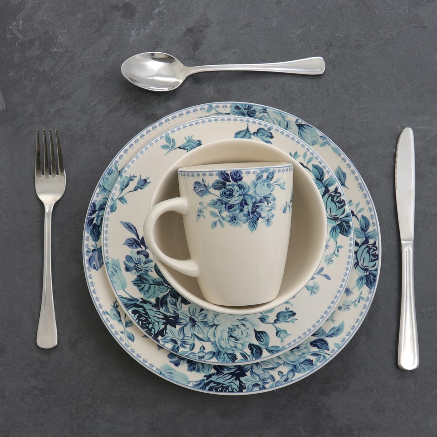 Elama 16-Piece Stoneware Dinnerware Set, Blue Rose - Image 5