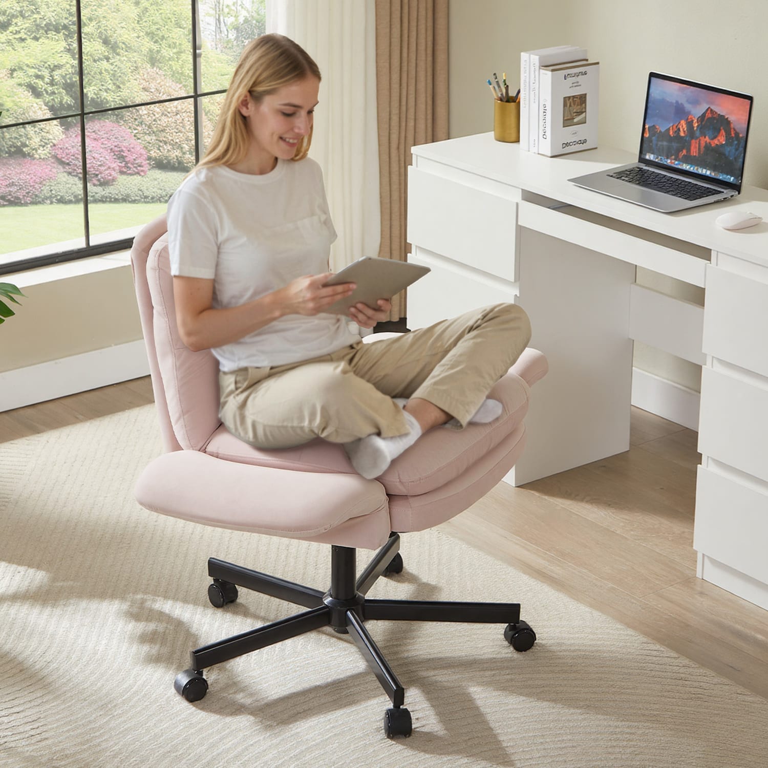 Bestier Ergonomic Velour Mid-Back Swivel Executive Task Chair, Pink - Image 4