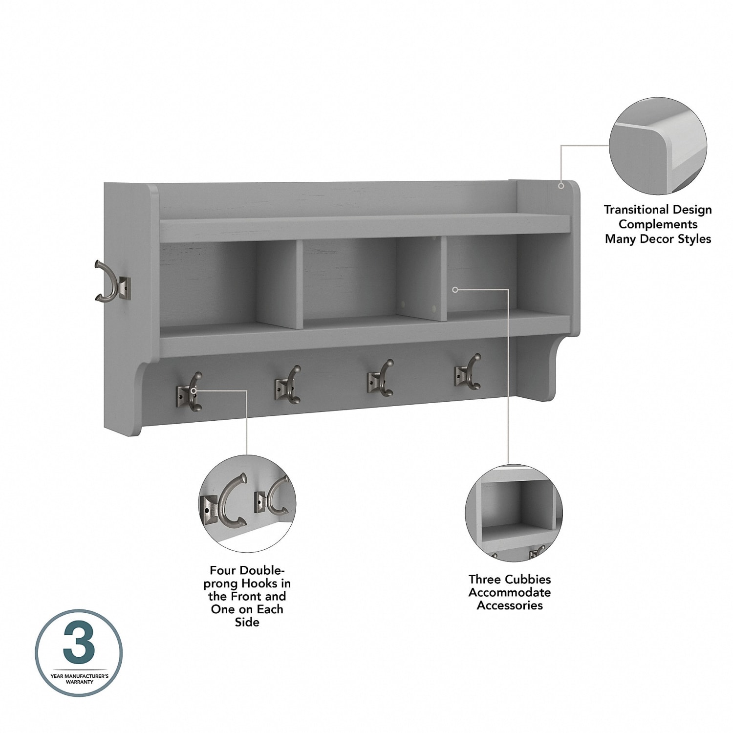 Bush Furniture Woodland 40inW Wall-Mounted Coat Rack With Shelf, Cape Cod Gray, Standard Delivery - Image 5