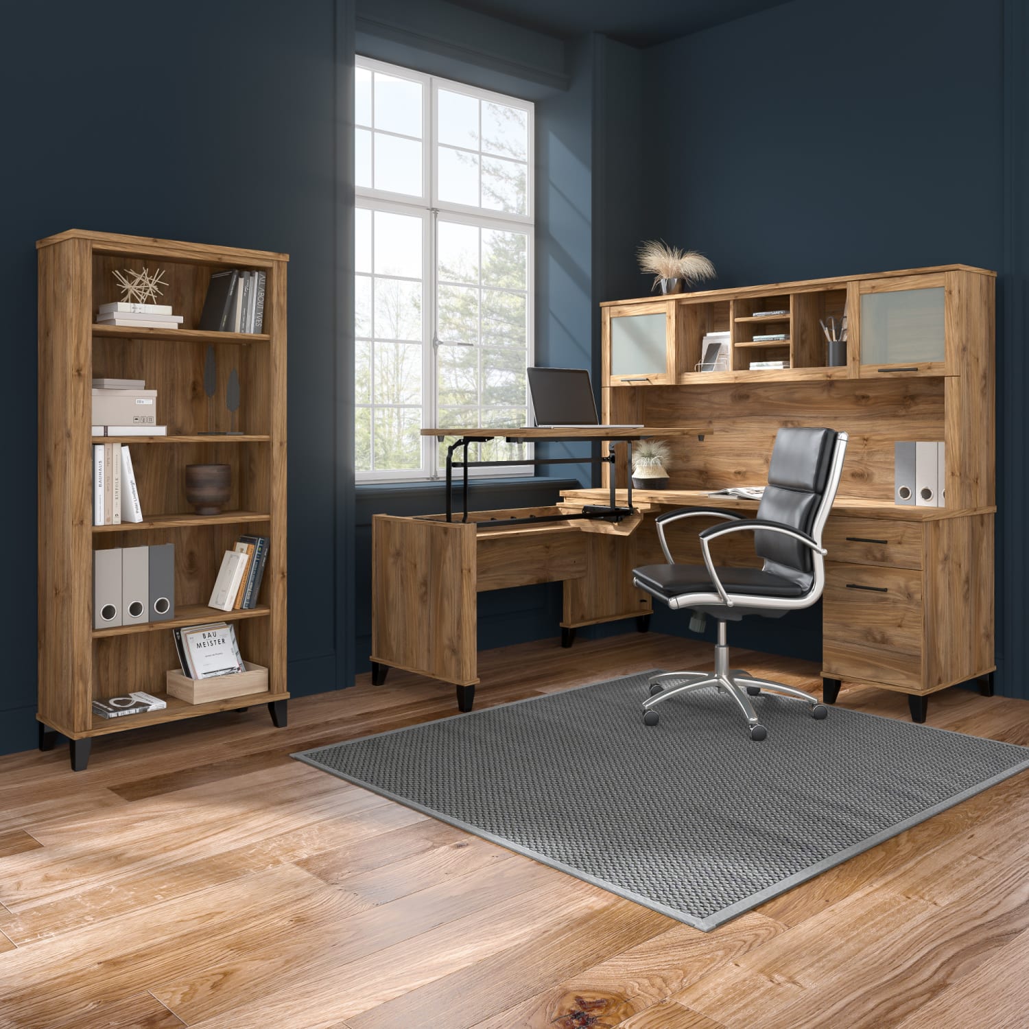 Bush Furniture Somerset 72inW L-Shaped Desk With Hutch And 5-Shelf Bookcase, Fresh Walnut, Standard Delivery - Image 3