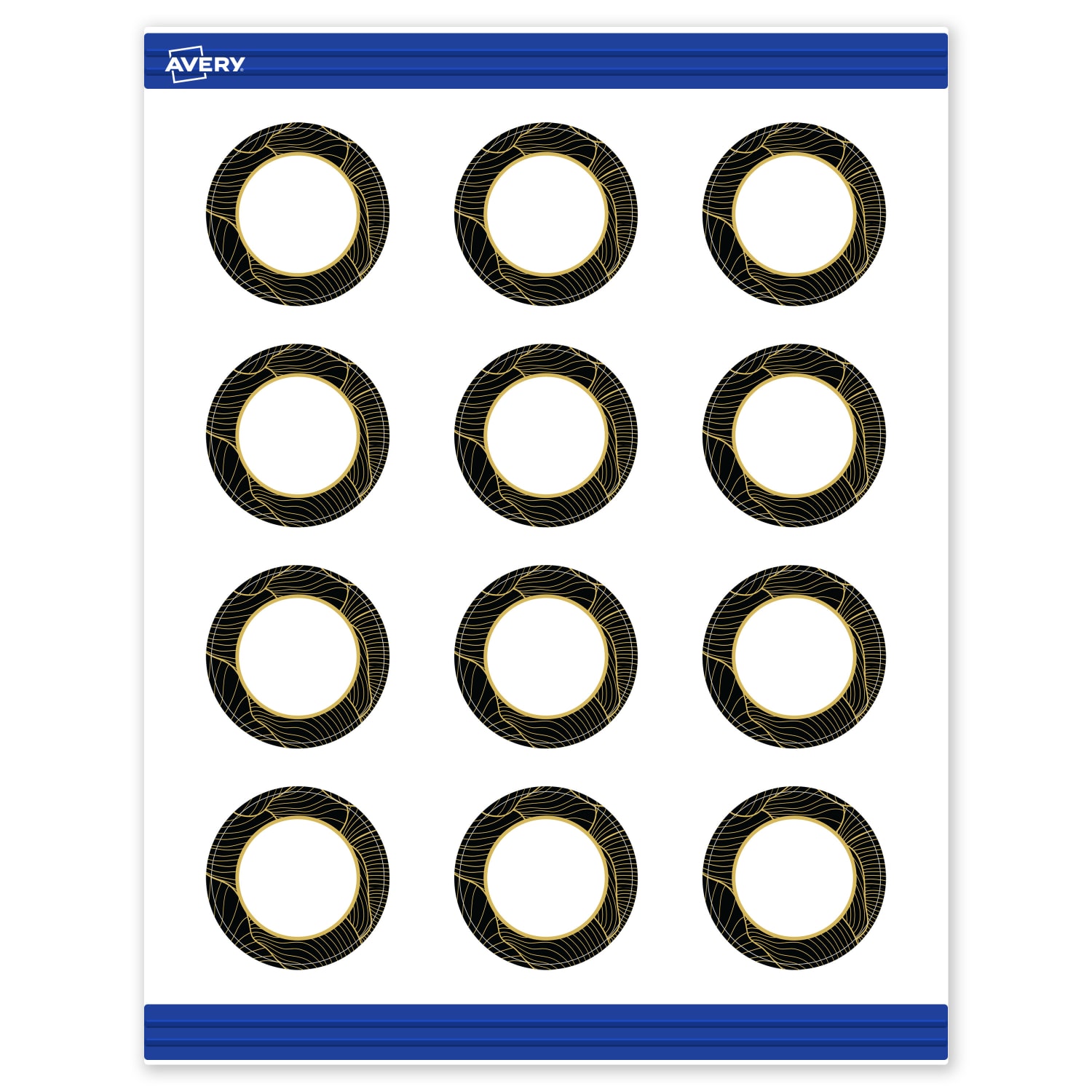 Avery Printable Round Cards With Sure Feed Technology, 2in, Matte White With Preprinted Black Border with Gold Pattern Design, Pack Of 120