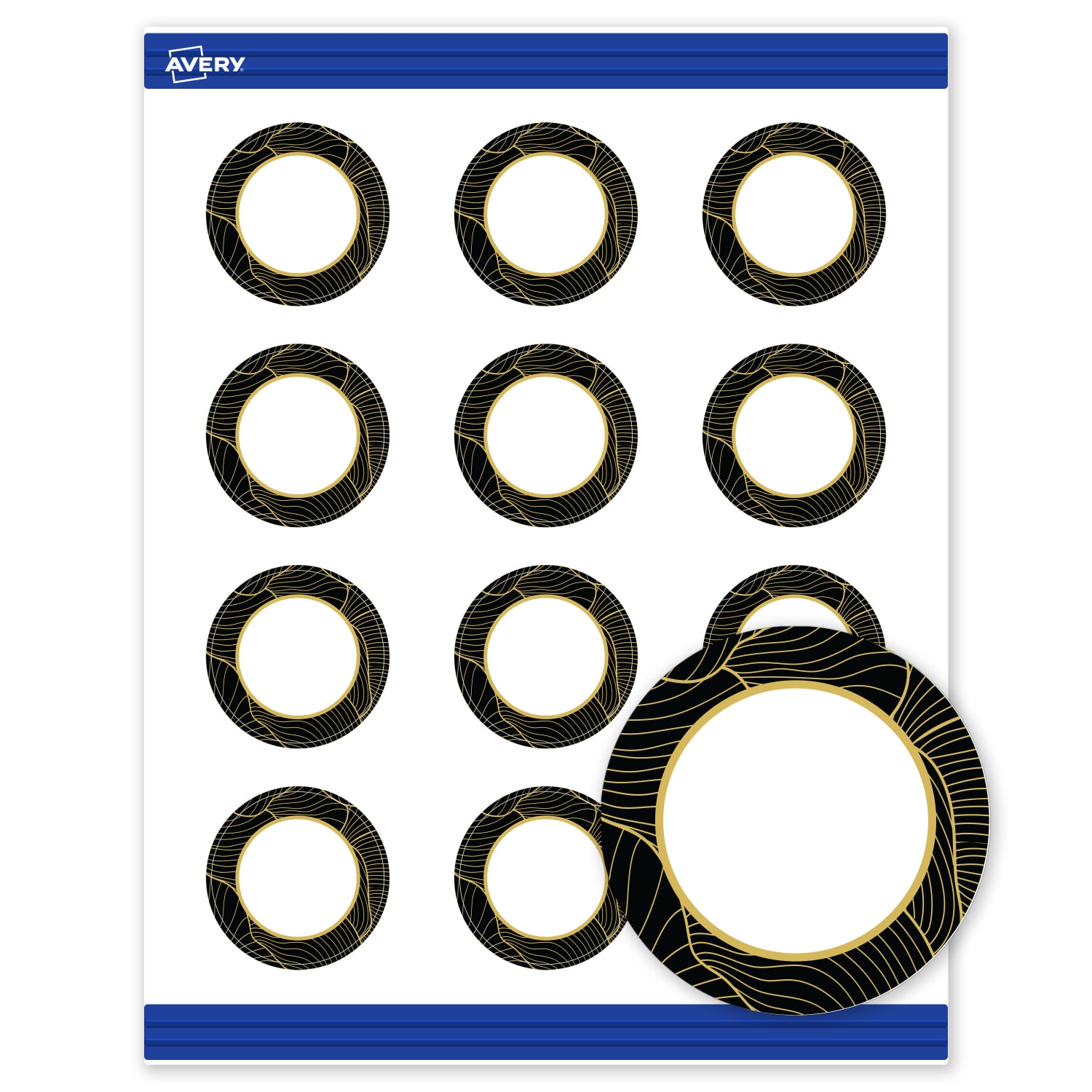 Avery Printable Round Cards With Sure Feed Technology, 2in, Matte White With Preprinted Black Border with Gold Pattern Design, Pack Of 120 - Image 3