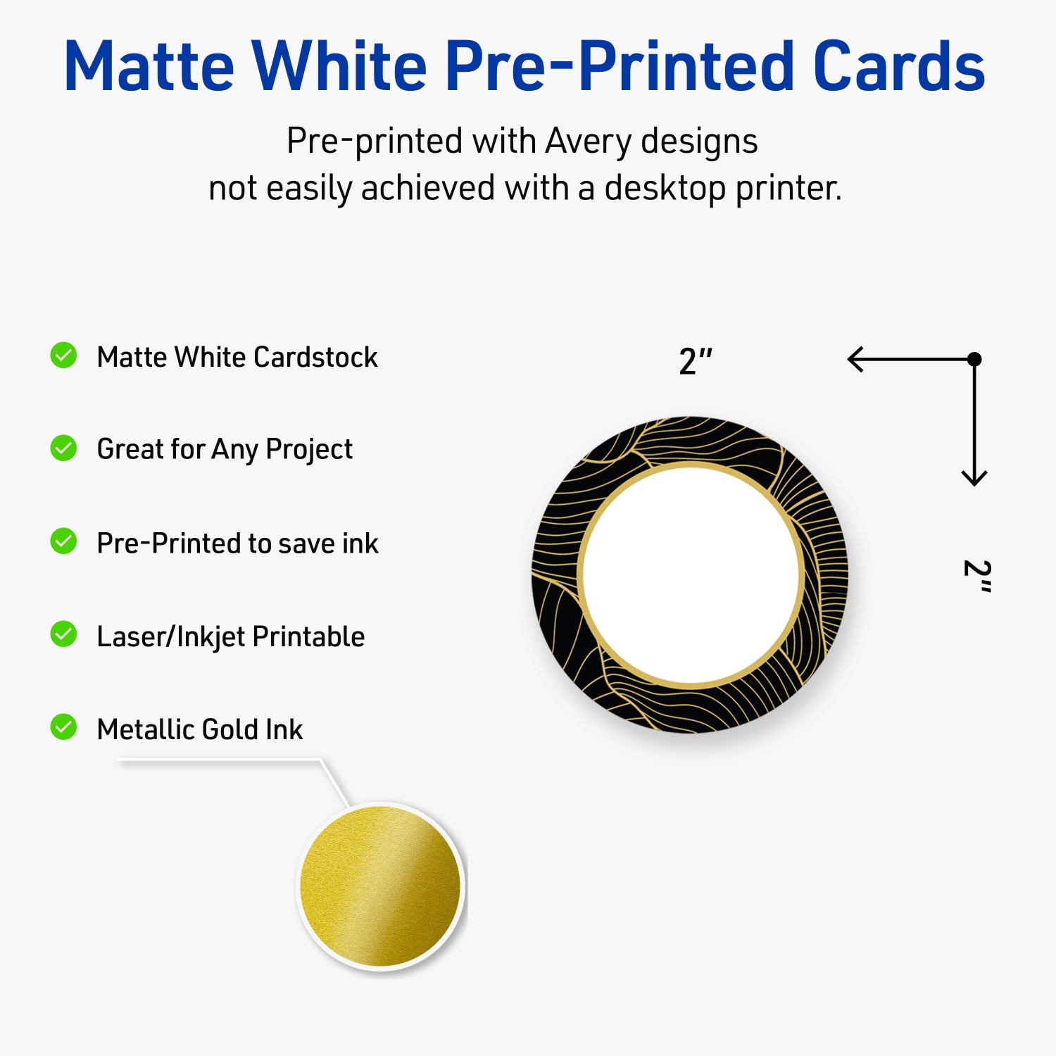 Avery Printable Round Cards With Sure Feed Technology, 2in, Matte White With Preprinted Black Border with Gold Pattern Design, Pack Of 120 - Image 4