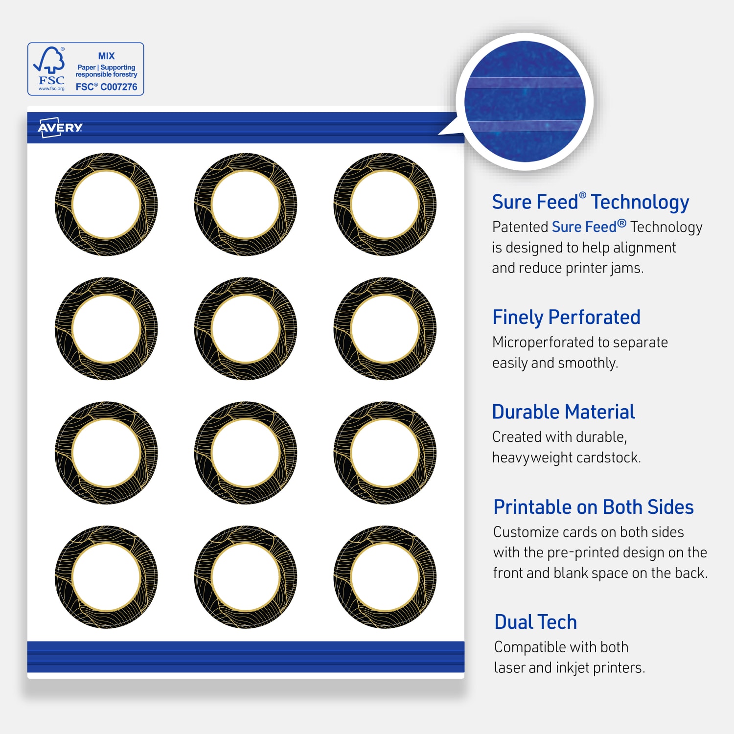Avery Printable Round Cards With Sure Feed Technology, 2in, Matte White With Preprinted Black Border with Gold Pattern Design, Pack Of 120 - Image 5