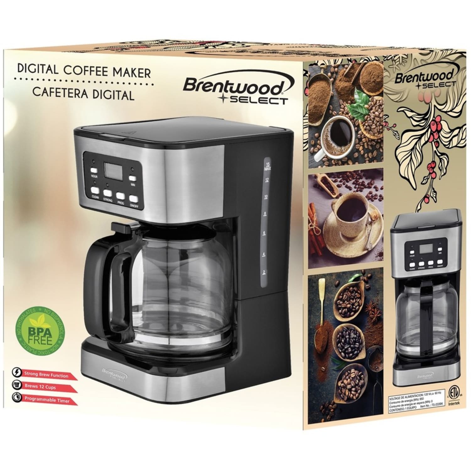 Brentwood TS-222BK 12-Cup Digital Coffee Maker, Black - Programmable - 800 W - 12 Cup(s) - Multi-serve - Timer - Black - Image 6