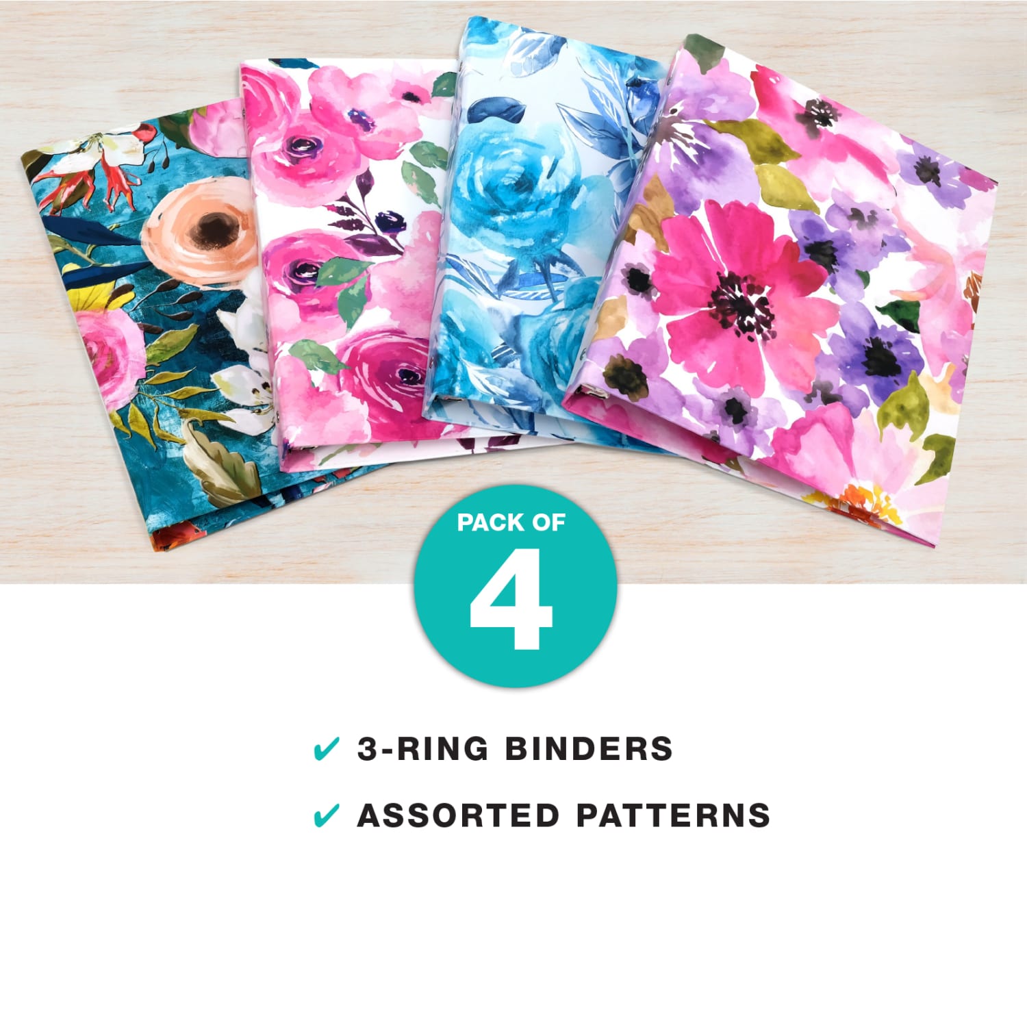 Global 3-Ring Decorative Binders, 1in Round Rings, Assorted Floral, Pack Of 4 Binders - Image 3