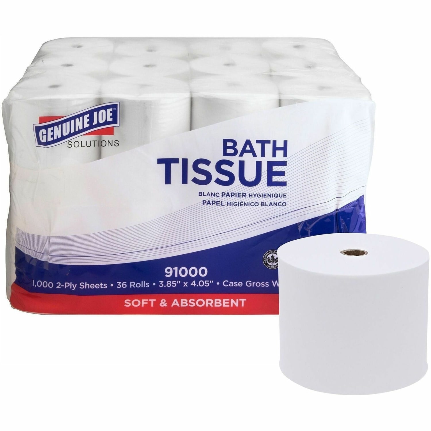 Genuine Joe Solutions Double Capacity Bath Tissue - 2 Ply - 1000 Sheets/Roll - 45/64in Core - White - Virgin Fiber - 36 / Carton