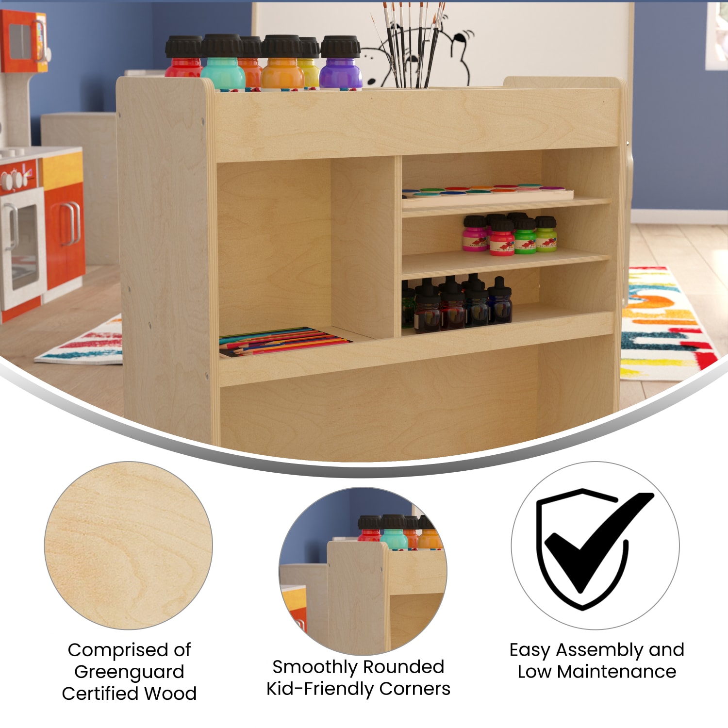 Flash Furniture Bright Beginnings Commercial Wood Mobile Storage Cart with Vertical and Horizontal Storage Compartments And Locking Caster Wheels, 31-3/4inH x 33inW x 15-3/4inD, Beech - Image 5