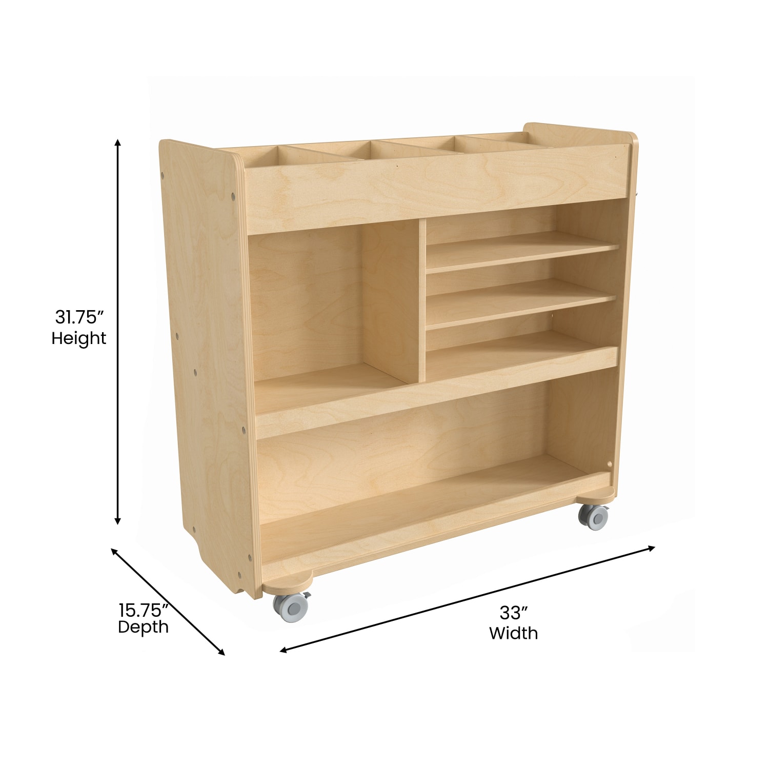 Flash Furniture Bright Beginnings Commercial Wood Mobile Storage Cart with Vertical and Horizontal Storage Compartments And Locking Caster Wheels, 31-3/4inH x 33inW x 15-3/4inD, Beech - Image 6