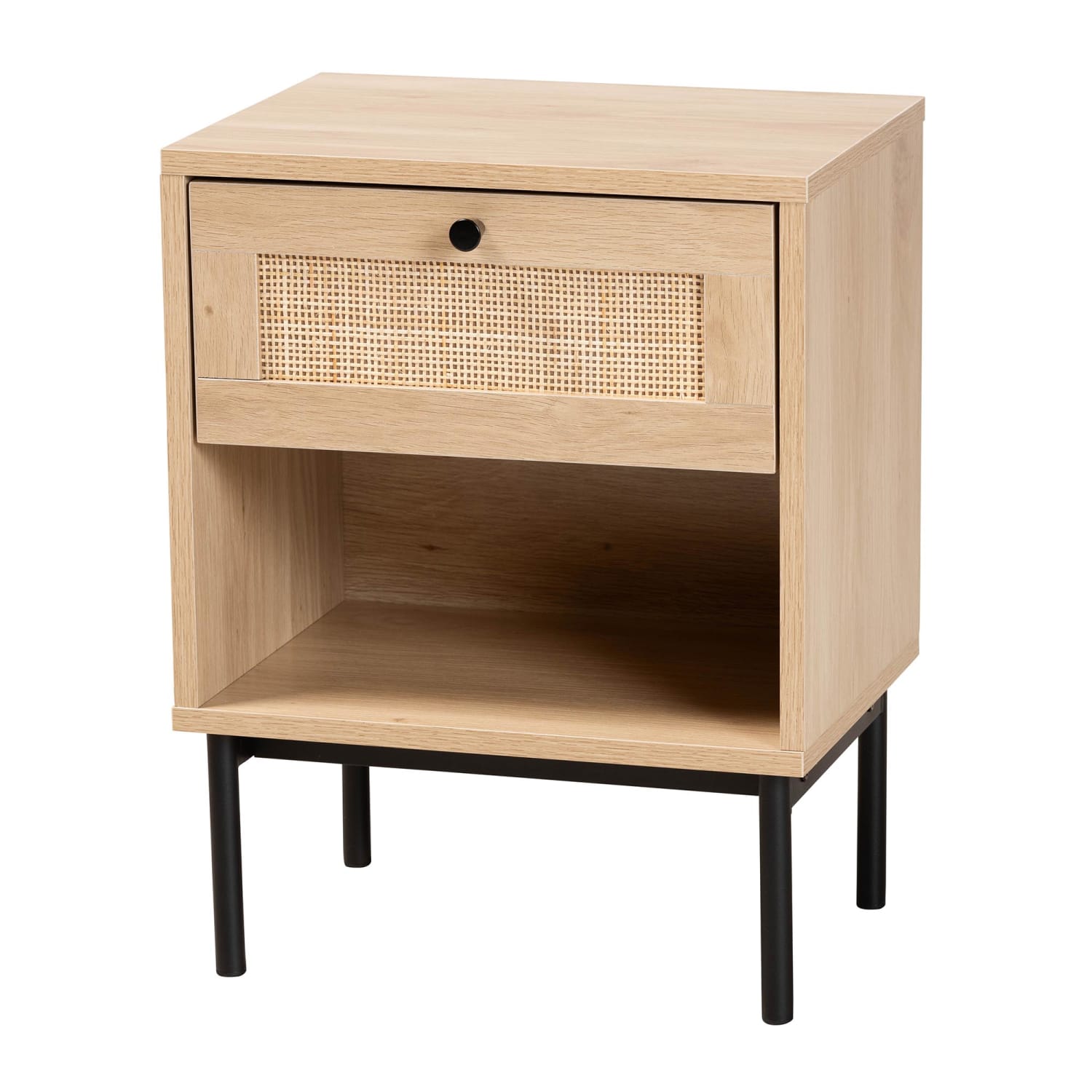 Baxton Studio Sherwin Mid-Century Modern 1-Drawer End Table With Woven Rattan Accent, 20-1/2inH x 15-3/4inW x 11-5/8inD, Light Brown/Black