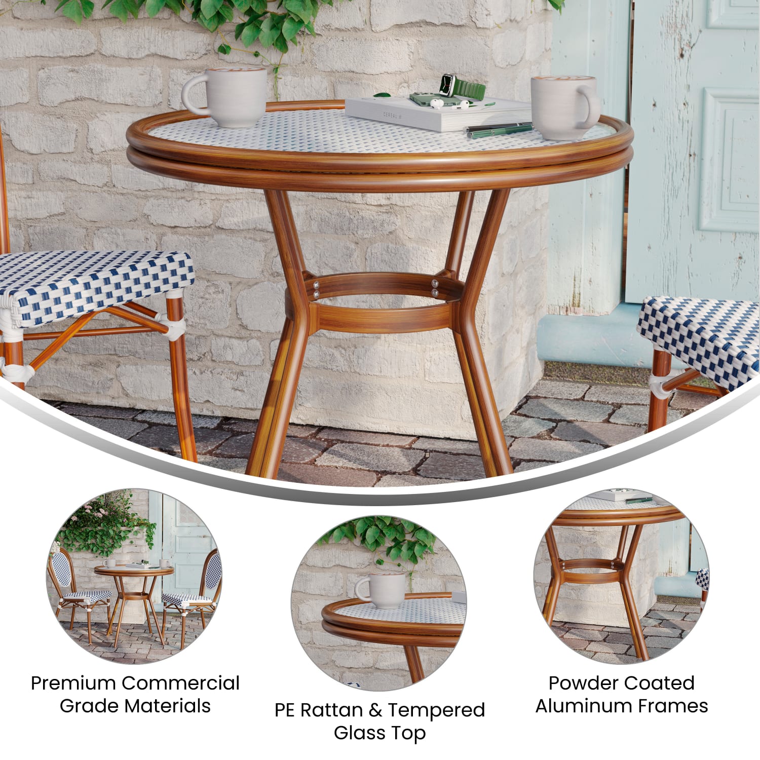 Flash Furniture Lourdes Indoor/Outdoor Commercial Bistro 31.5in Table,  White & Navy Rattan/Natural Frame - SDA64280WHNVNAT - Image 4