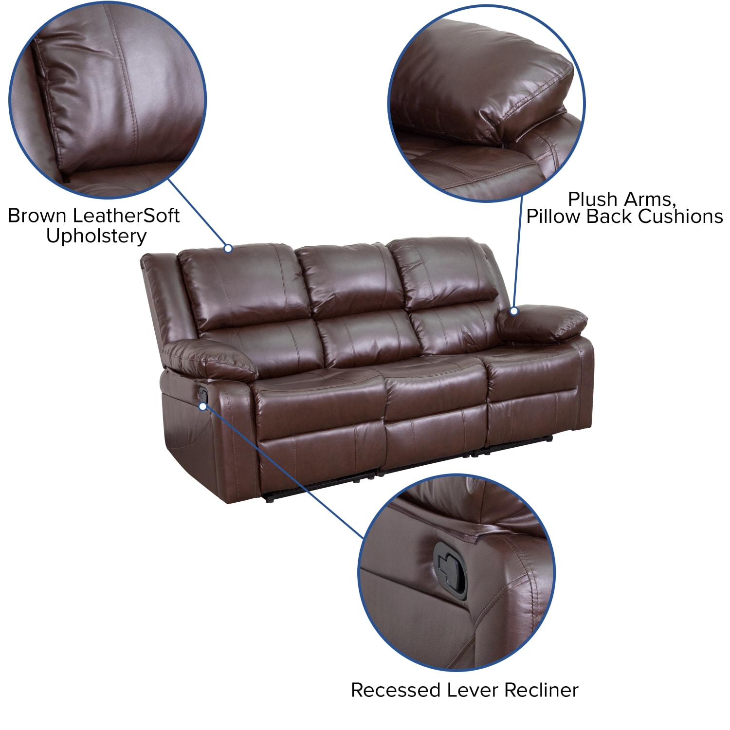 Flash Furniture Harmony Series LeatherSoft Faux Leather Sofa With 2 Built-In Recliners, Brown - Image 6