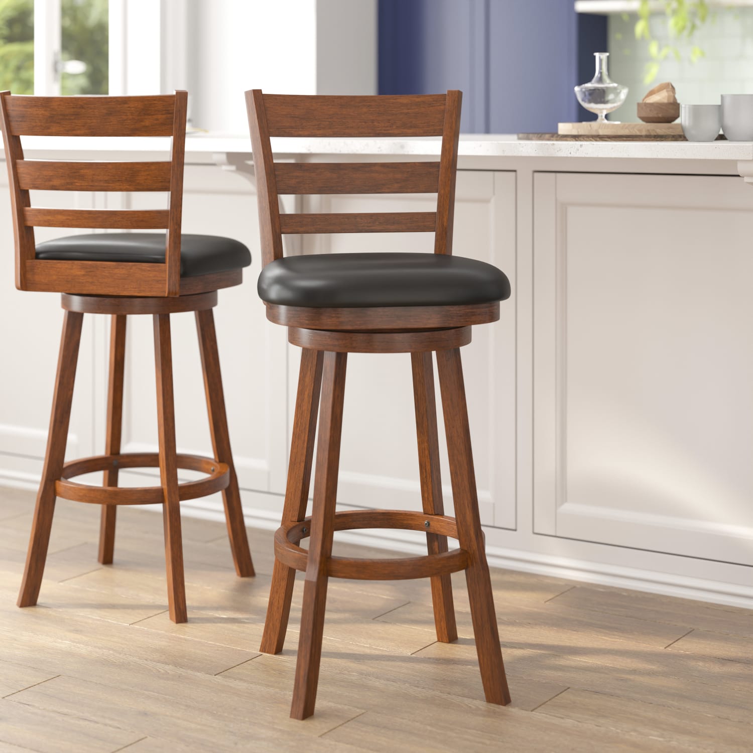 Flash Furniture Zerrick Commercial Grade Wood Classic Ladderback Swivel Bar Barstool with Padded, Upholstered Seat, Black Vinyl/Antique Oak Frame - Image 3