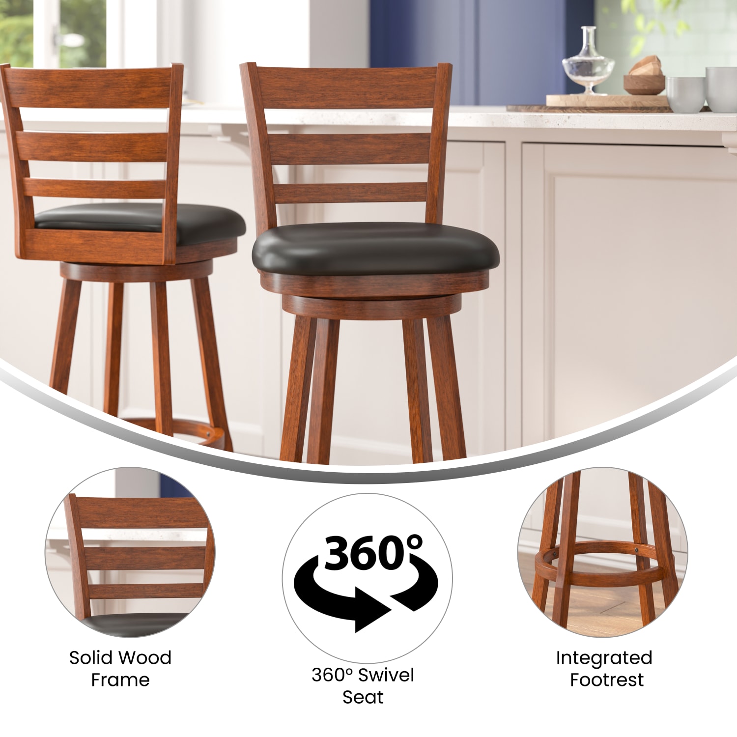 Flash Furniture Zerrick Commercial Grade Wood Classic Ladderback Swivel Bar Barstool with Padded, Upholstered Seat, Black Vinyl/Antique Oak Frame - Image 4