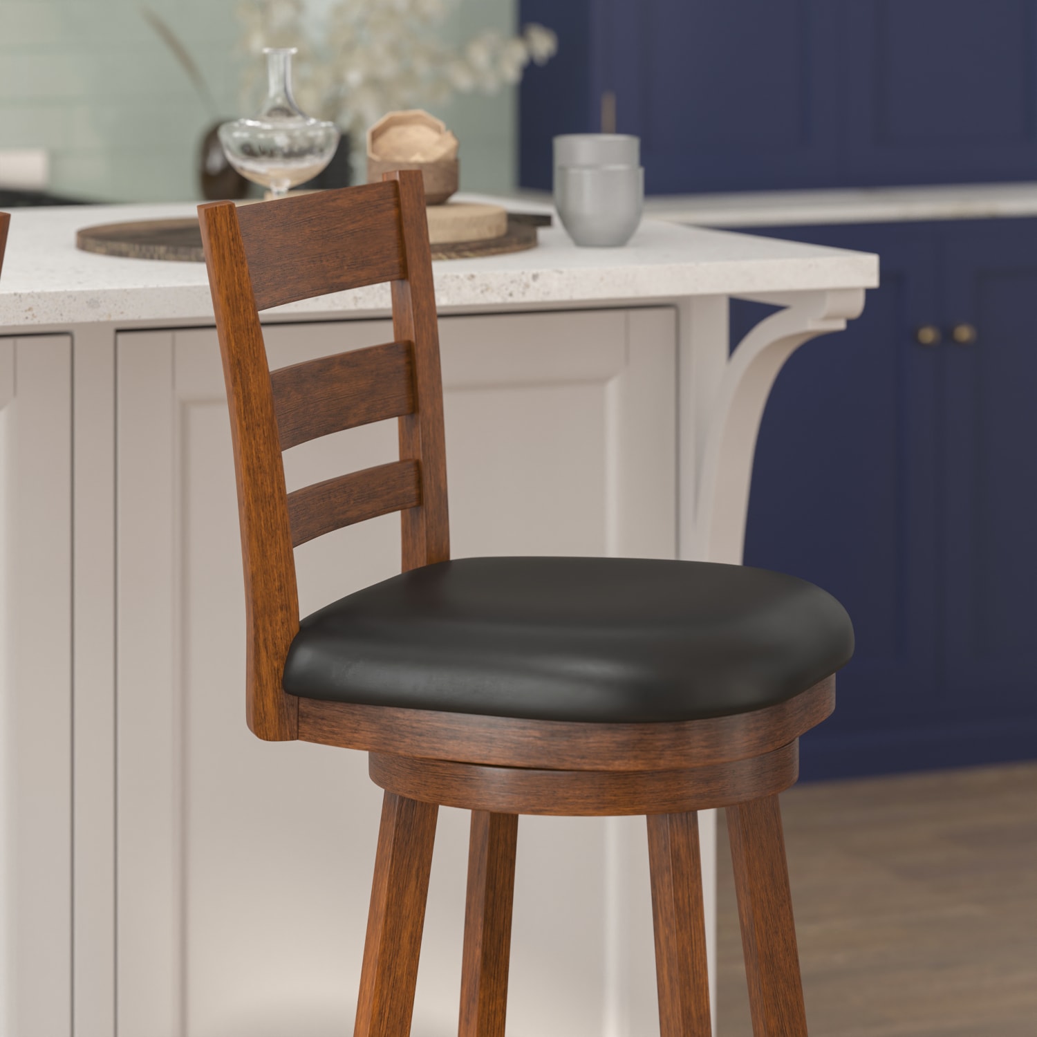 Flash Furniture Zerrick Commercial Grade Wood Classic Ladderback Swivel Bar Barstool with Padded, Upholstered Seat, Black Vinyl/Antique Oak Frame - Image 6