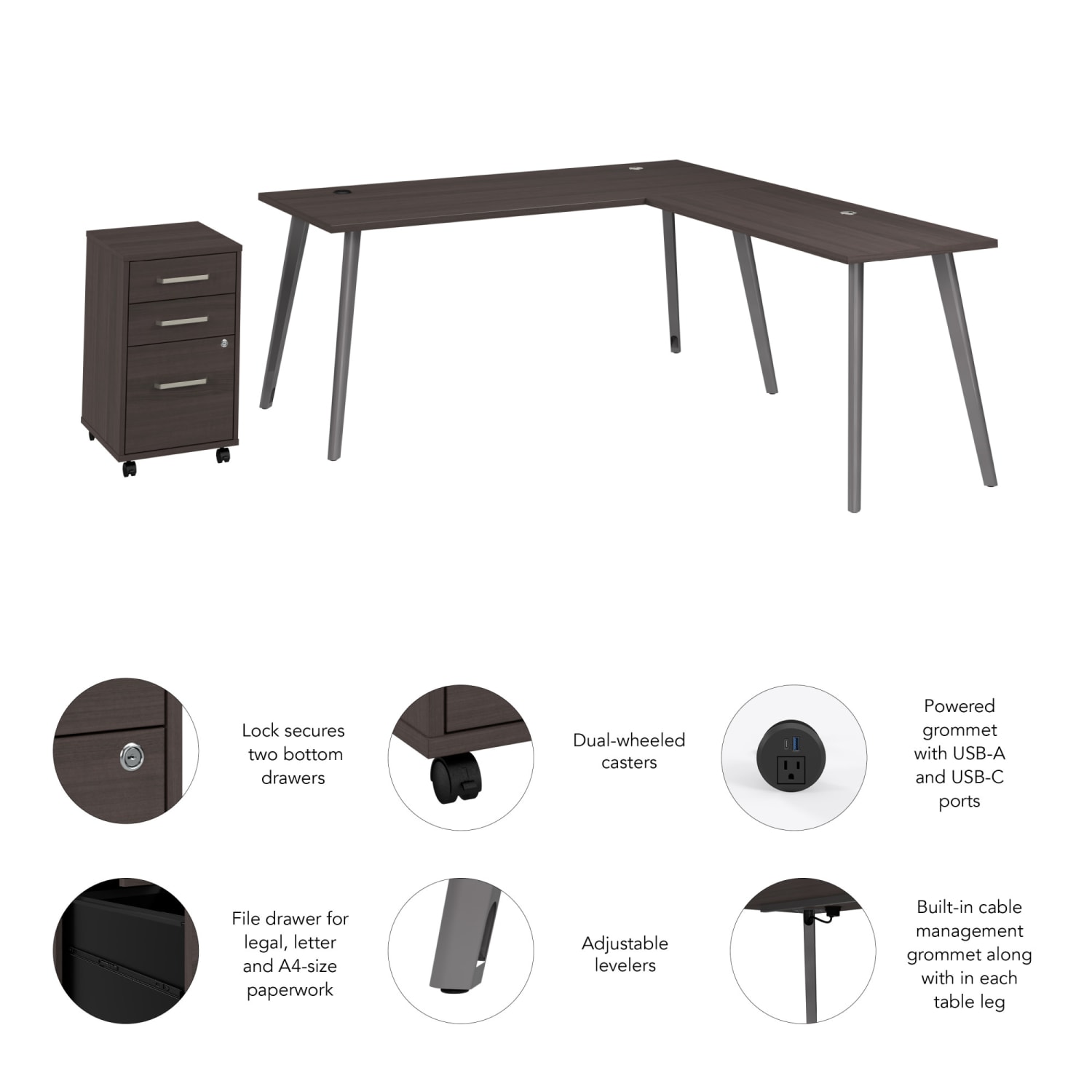 WorkPro Motiva 72inW Modern L Shaped Office Desk With Rolling File Cabinet, Storm Gray, Standard Delivery - Image 4