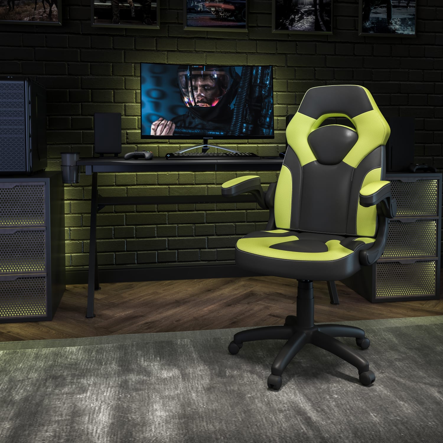 Flash Furniture X10 Ergonomic LeatherSoft Faux Leather High-Back Racing Gaming Chair With Flip-Up Arms, Neon Green/Black