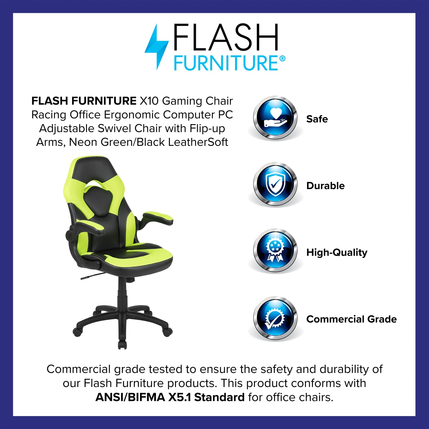 Flash Furniture X10 Ergonomic LeatherSoft Faux Leather High Back Racing Gaming Chair With Flip Up Arms Neon GreenBlack PopularChairscom