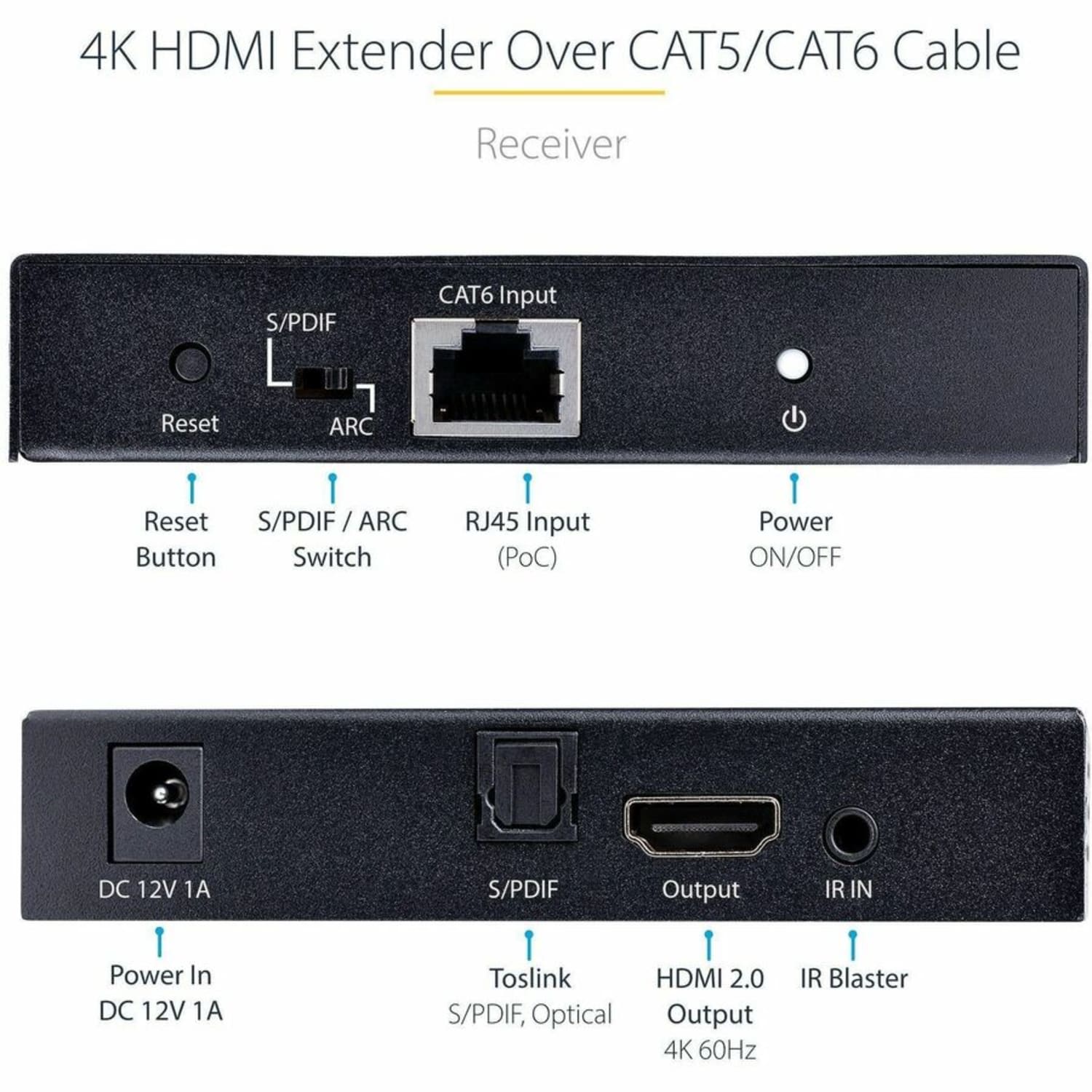 StarTech.com 4K HDMI Extender Over CAT5/CAT6 Cable, 4K 60Hz Video Extender Up to 230ft (70m), HDMI Over Ethernet Cabling, S/PDIF Audio Out - Image 4