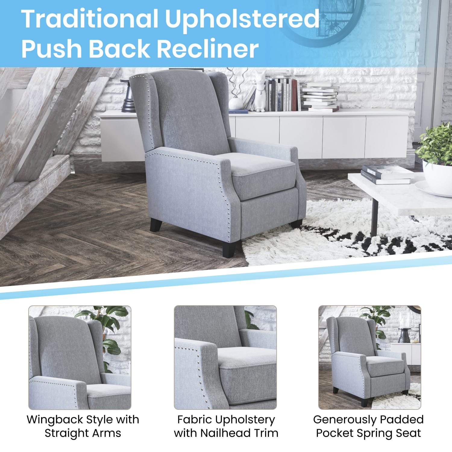 Flash Furniture Prescott Traditional Style Slim Push-Back Recliner Accent Chair, Gray - Image 5