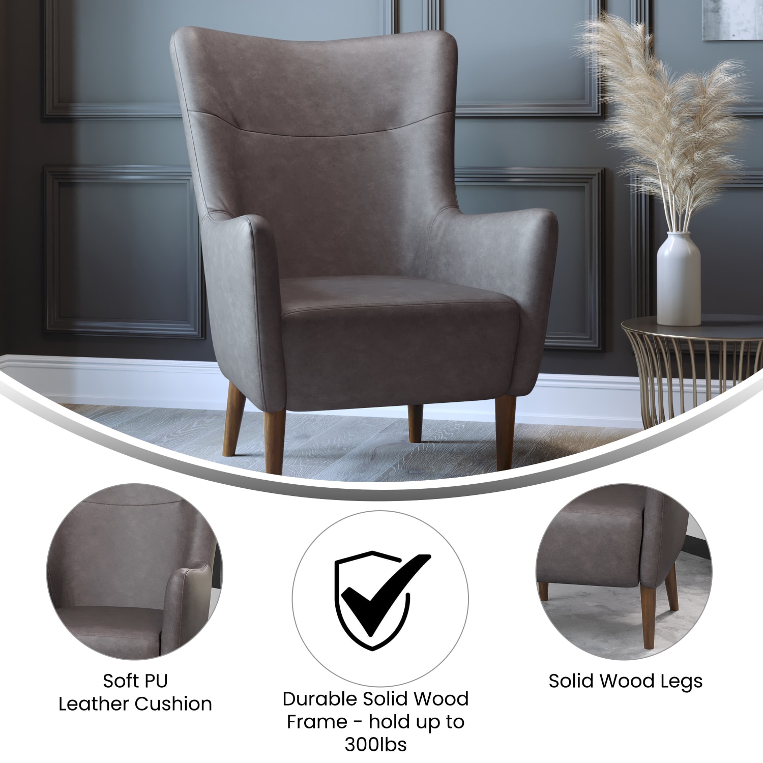 Flash Furniture Connor Traditional Wingback Accent Chair, Commercial Grade Faux Leather Upholstery and Wooden Frame and Legs, Dark Gray - Image 4