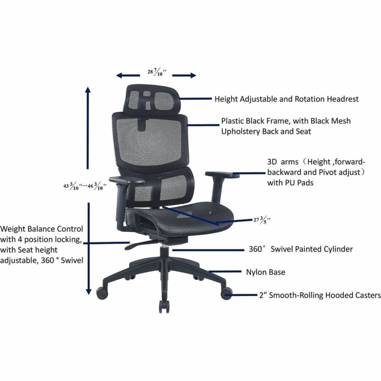 Lorell Ripley All-Mesh High-Back Chair with Articulating Lumbar Support - Mesh Back Material - High Back - Black - Mesh - 1 Each - Image 6