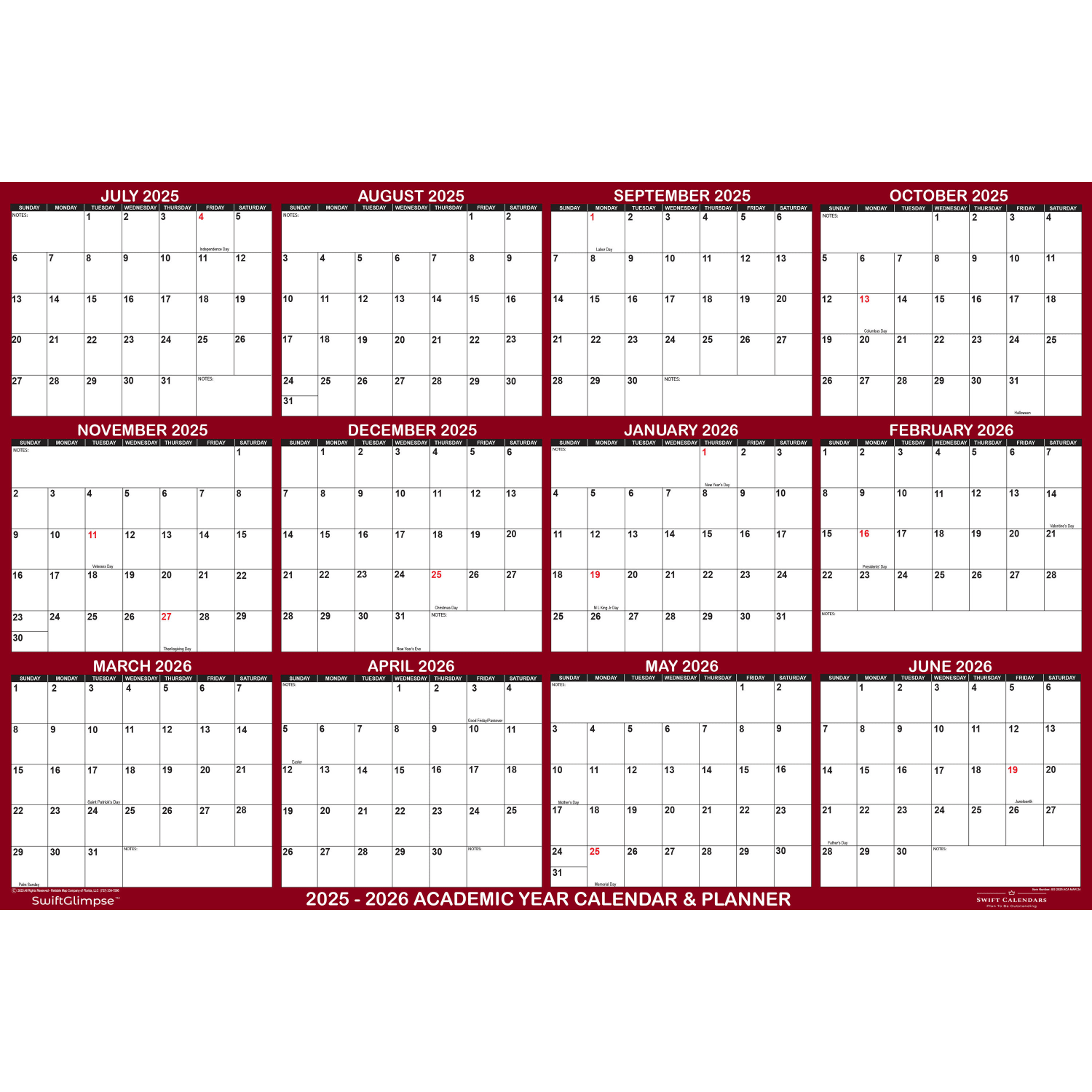2025-2026 SwiftGlimpse Academic Erasable Monthly Wall Calendar, 48in x 72in, White/Maroon, July 2025 To June 2026 - Image 3