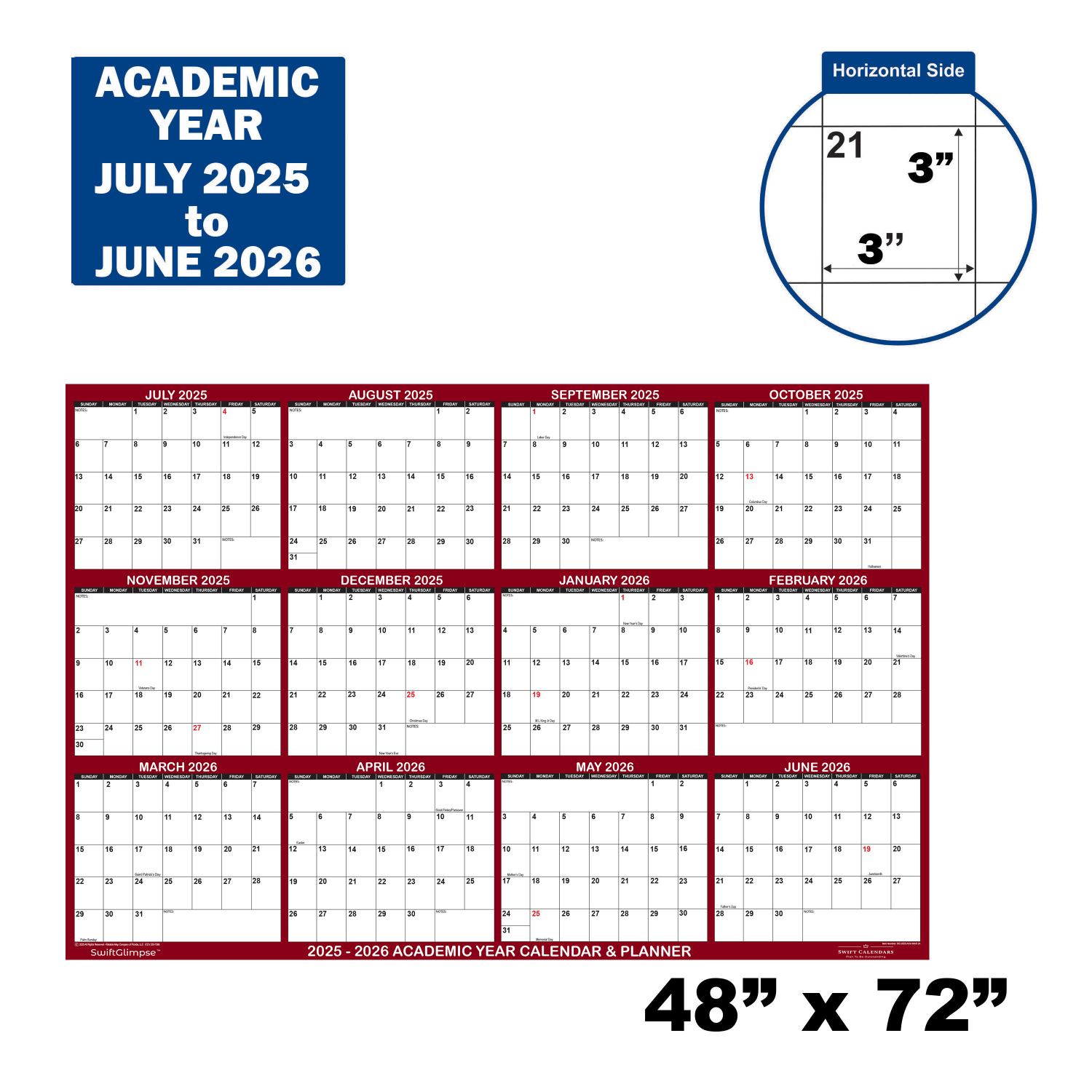 2025-2026 SwiftGlimpse Academic Erasable Monthly Wall Calendar, 48in x 72in, White/Maroon, July 2025 To June 2026 - Image 3