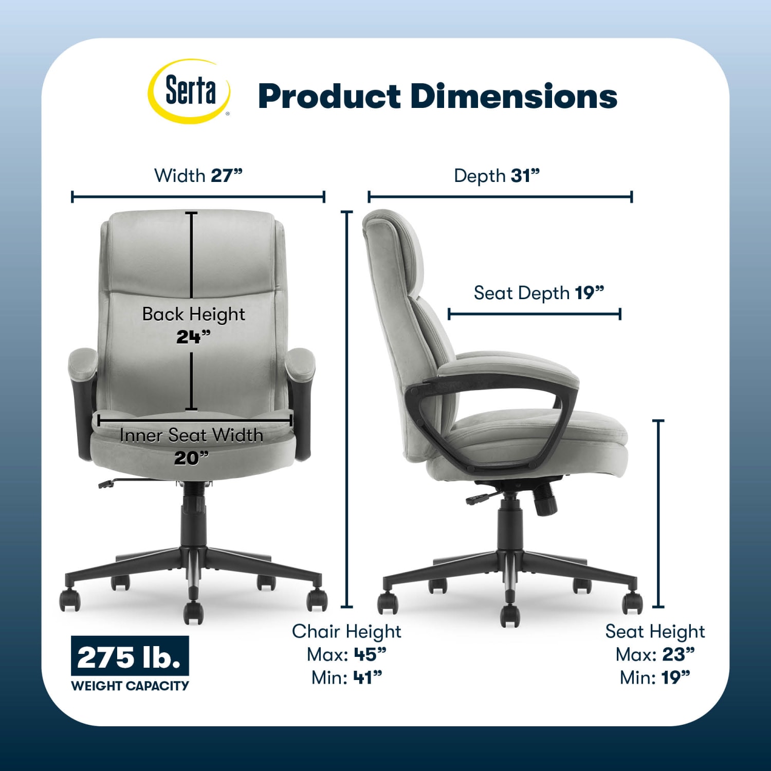 Serta Comfort Ergo Ergonomic Velvet High-Back Executive Office Chair, Gray/Black - Image 4