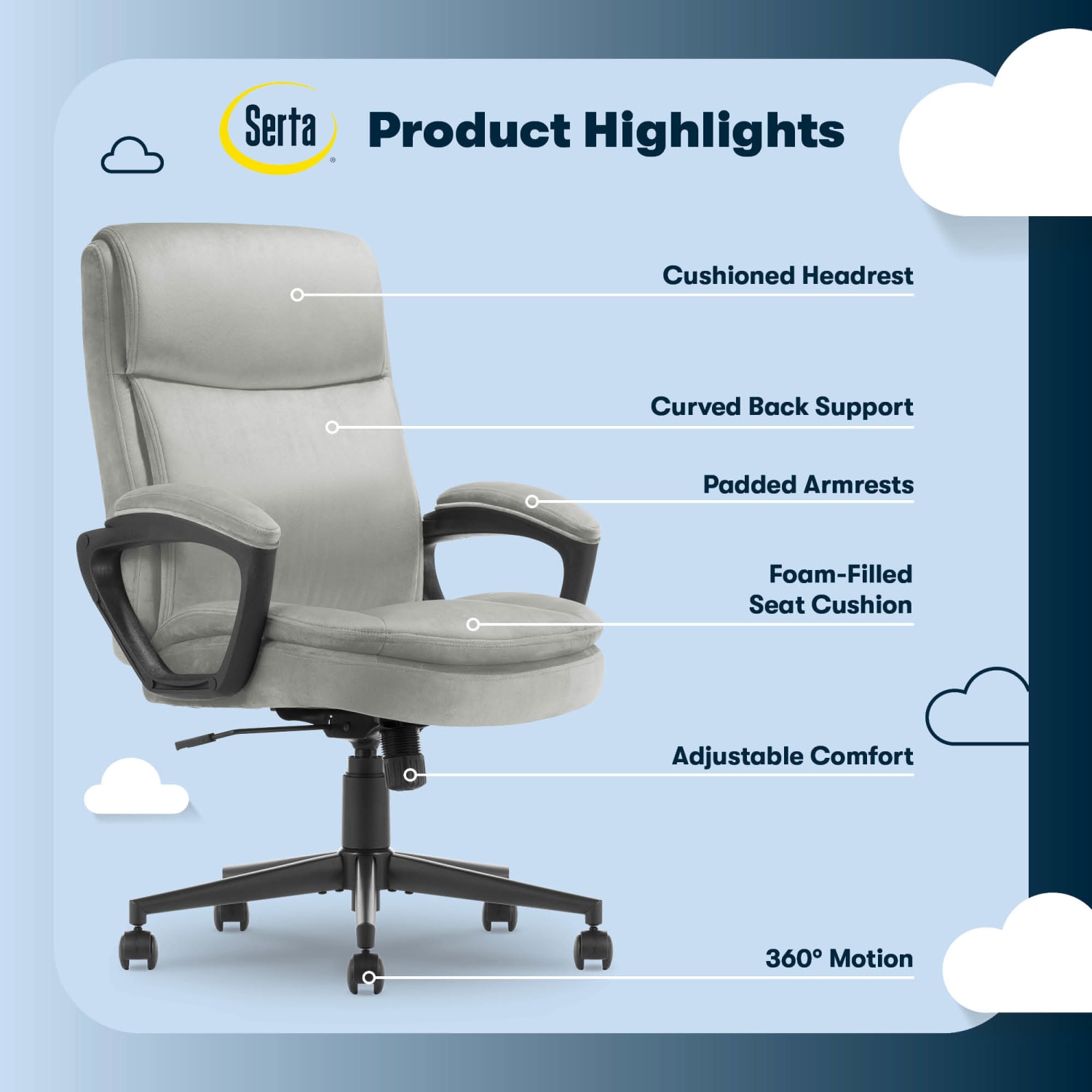 Serta Comfort Ergo Ergonomic Velvet High-Back Executive Office Chair, Gray/Black - Image 5